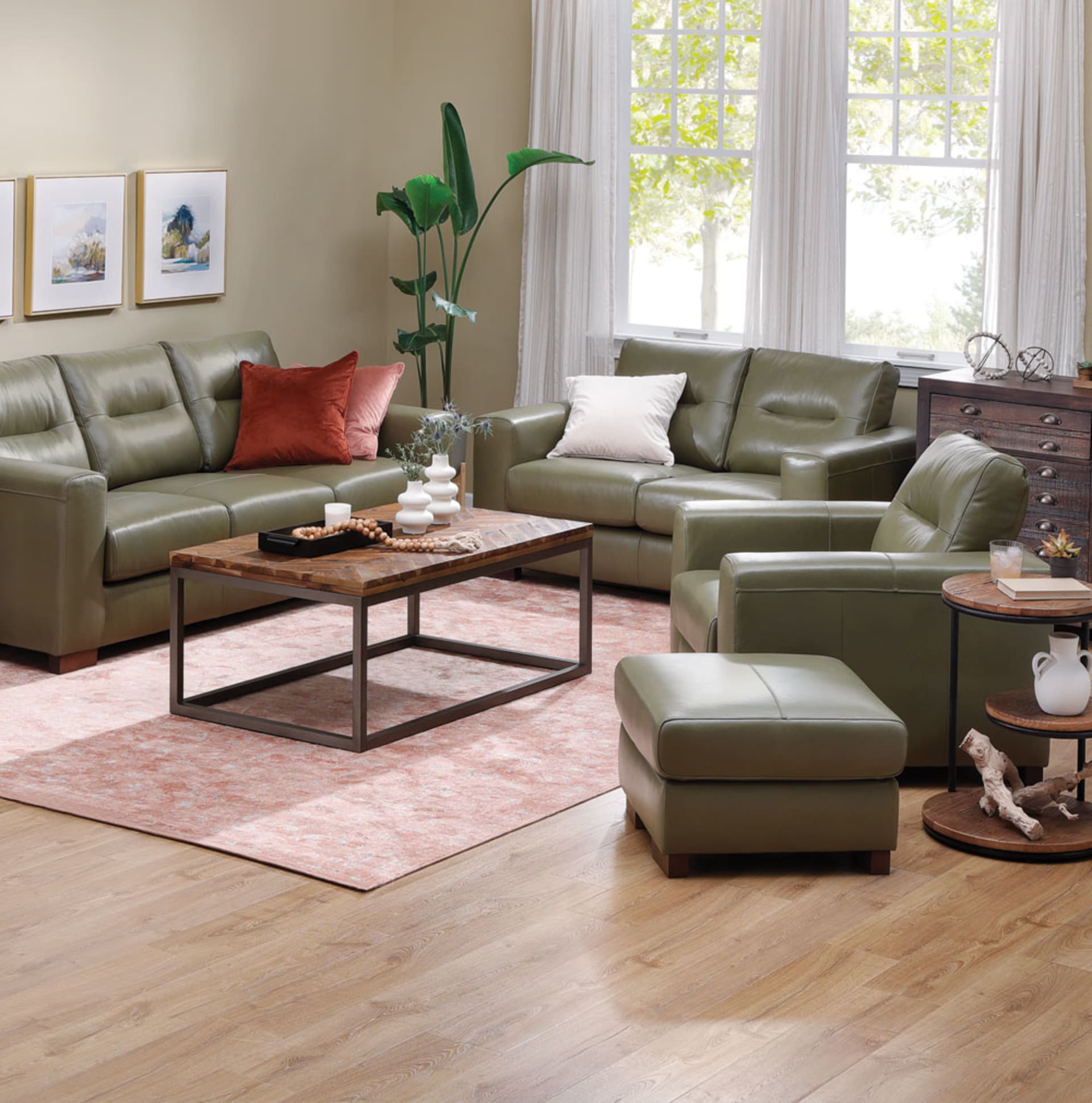 Sage Green Leather Sofa Set in Living Room