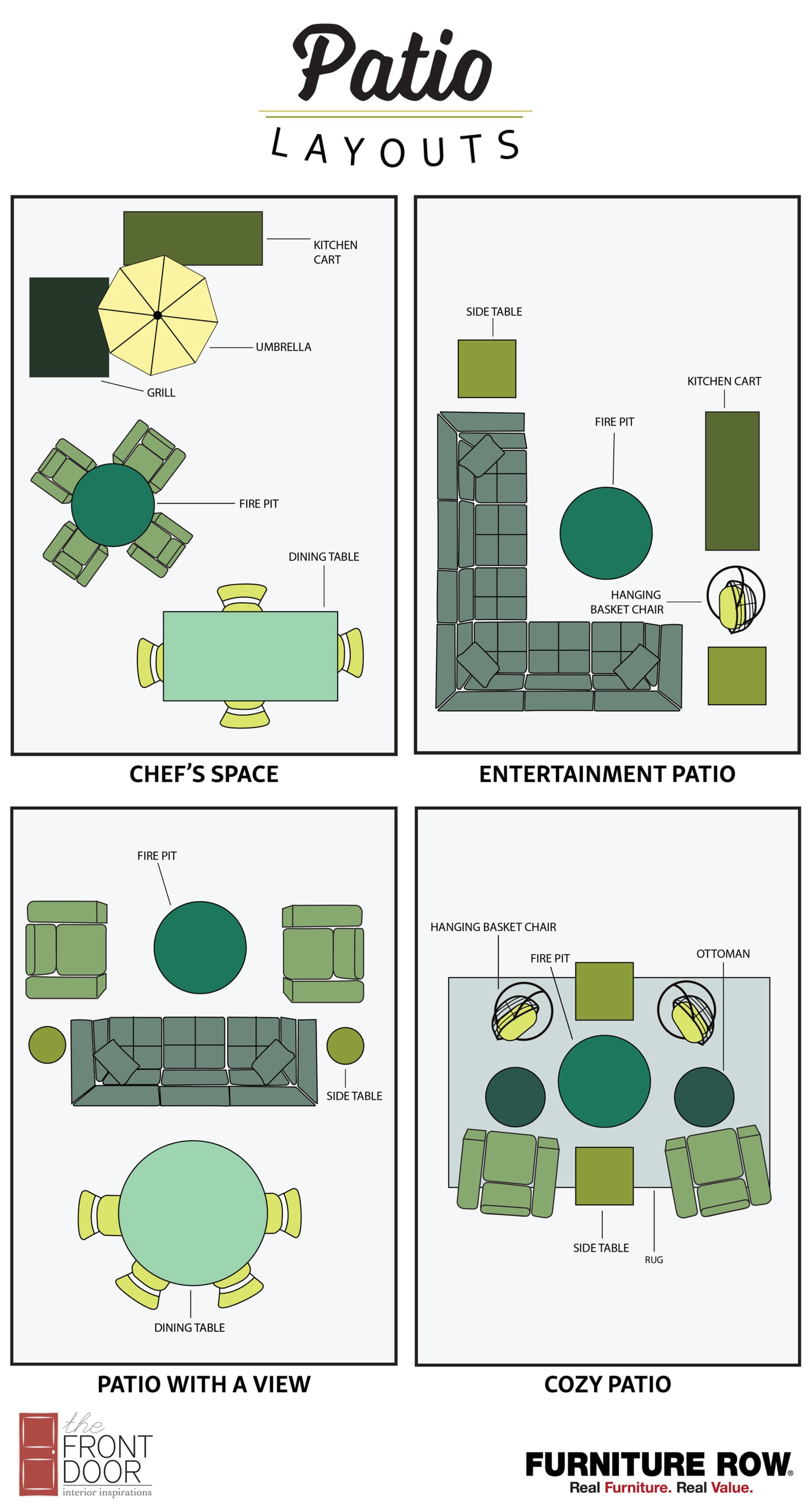 Patio Layouts. Chef's Space Patio Layout. Entertainment Patio. Patio with a View. Cozy Patio.