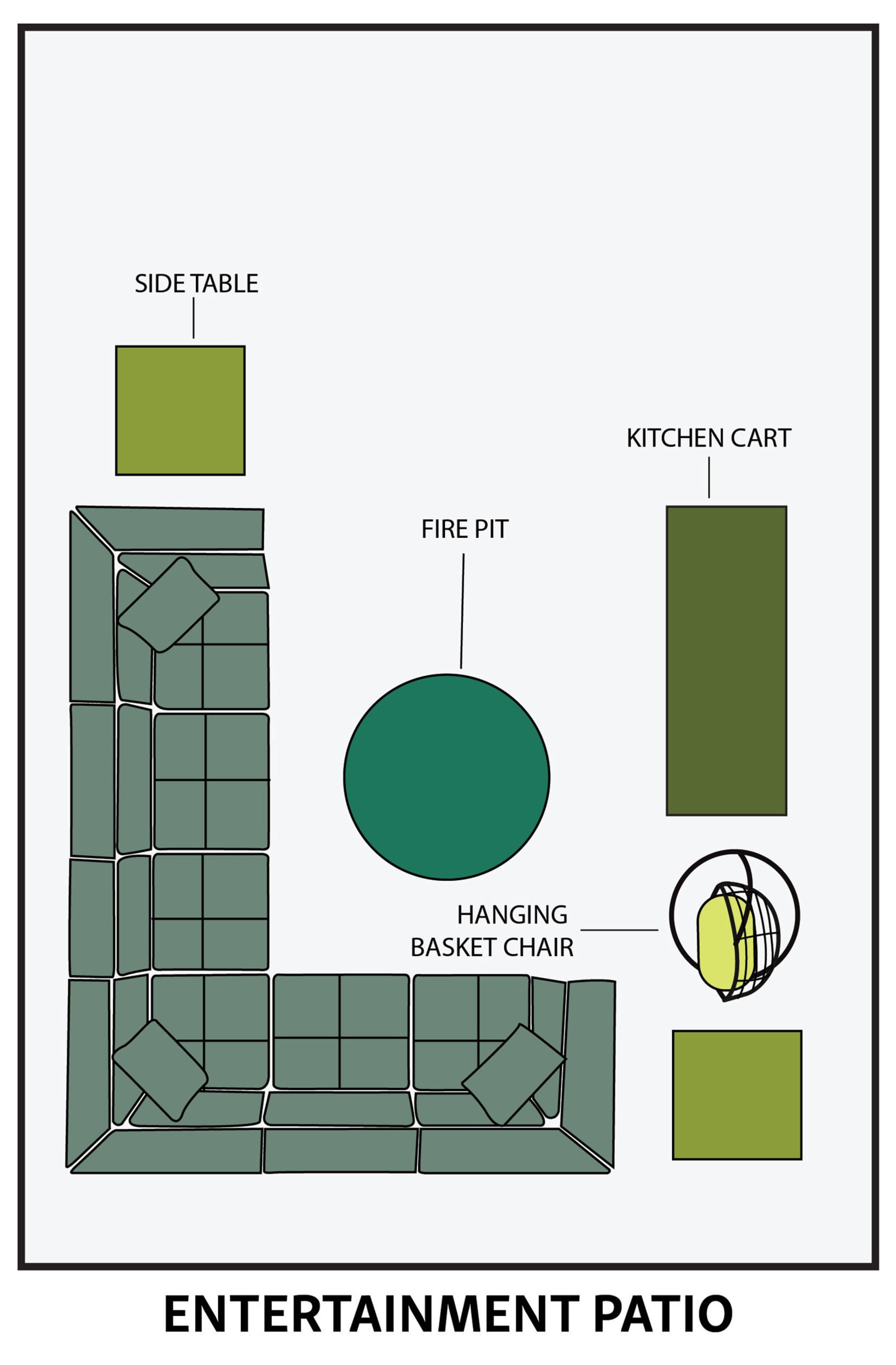 Entertainment Patio. Side Table. Hanging Basket Chair. Fire Pit. Kitchen Cart.