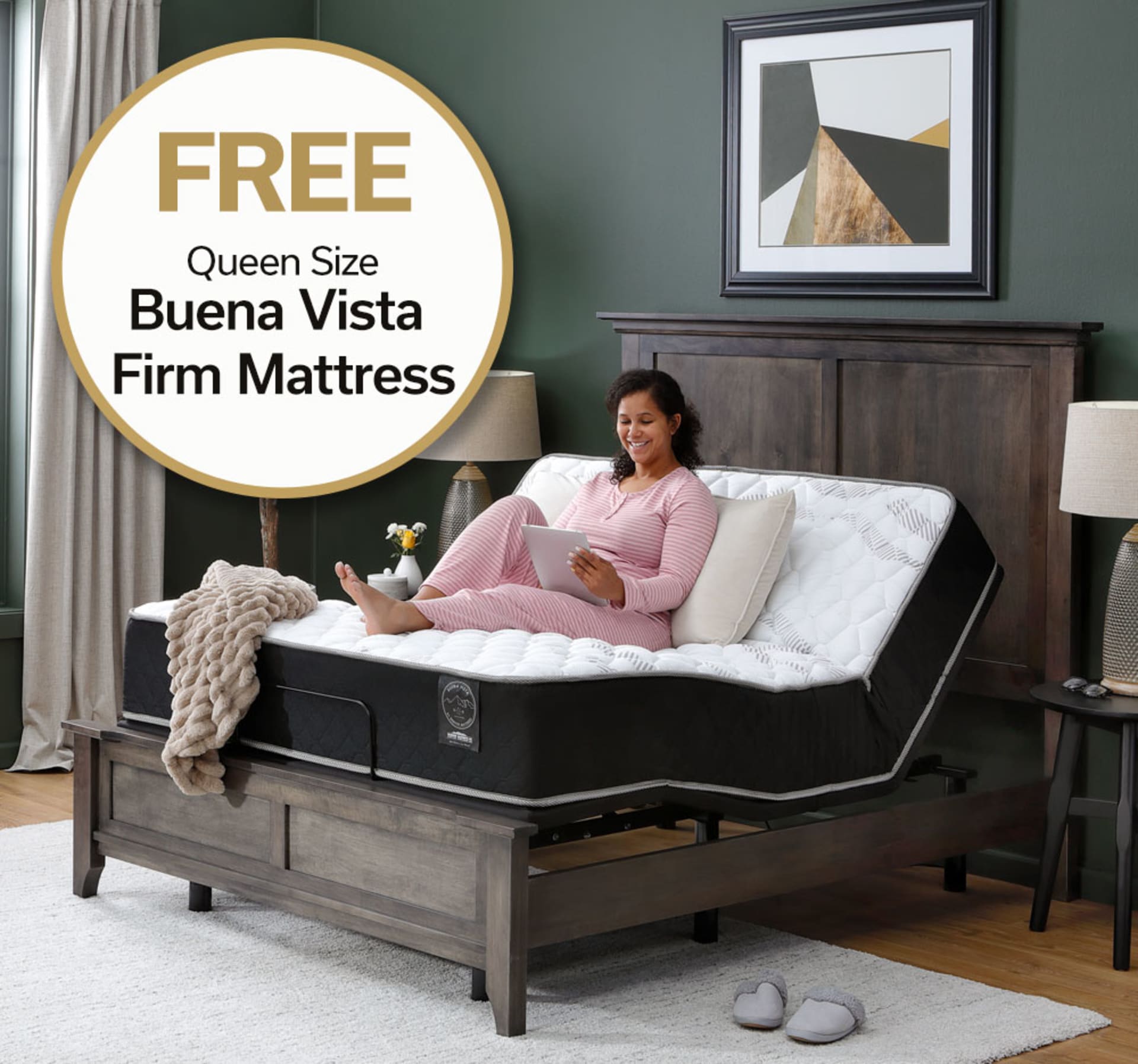 Buena Vista Firm Mattress in Bedroom. Free Queen Size Buena Vista Mattress with Hibernation Adjustable Base.