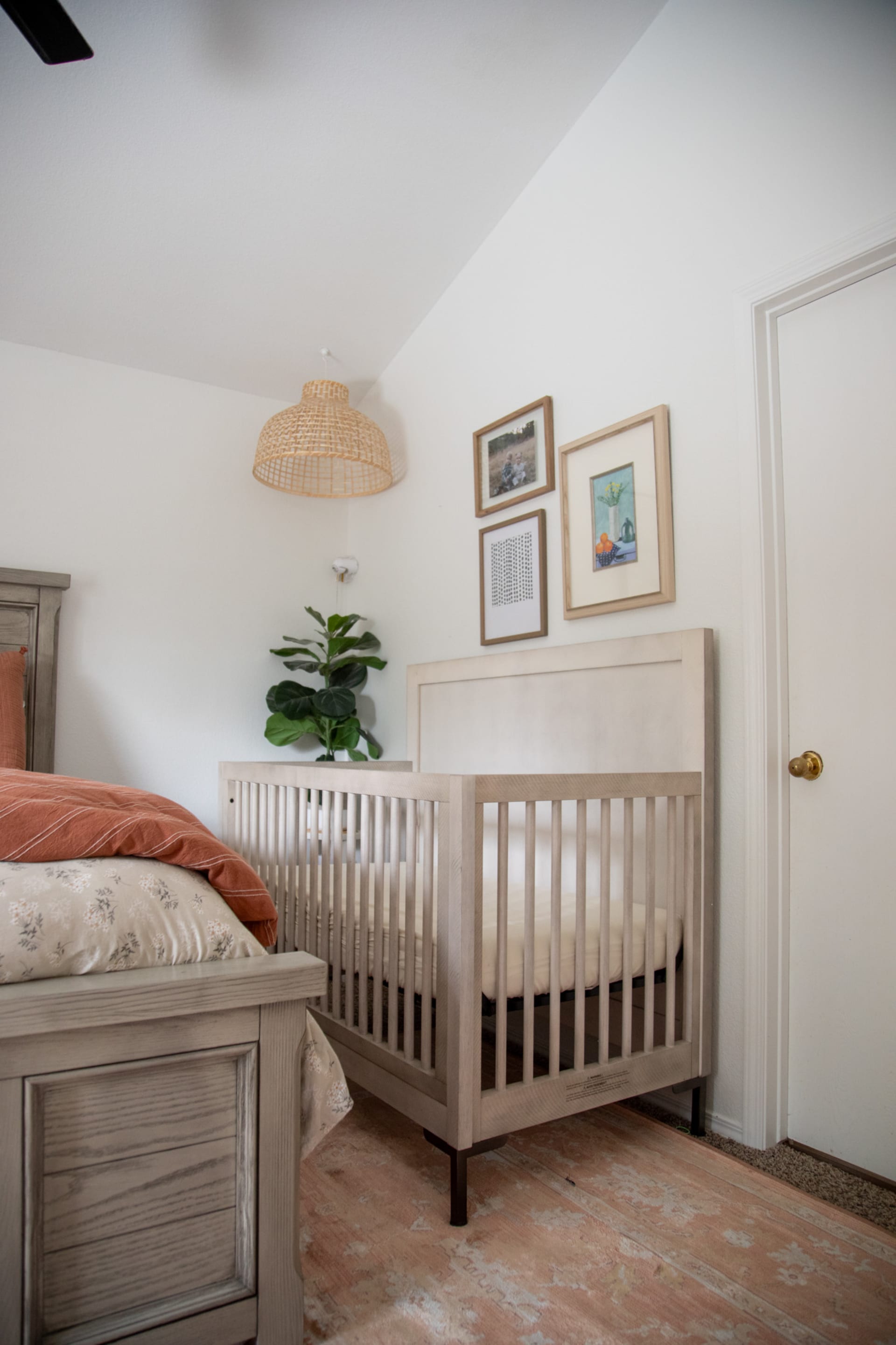 A wood crib, the Brexton Crib, in an organic modern bedroom