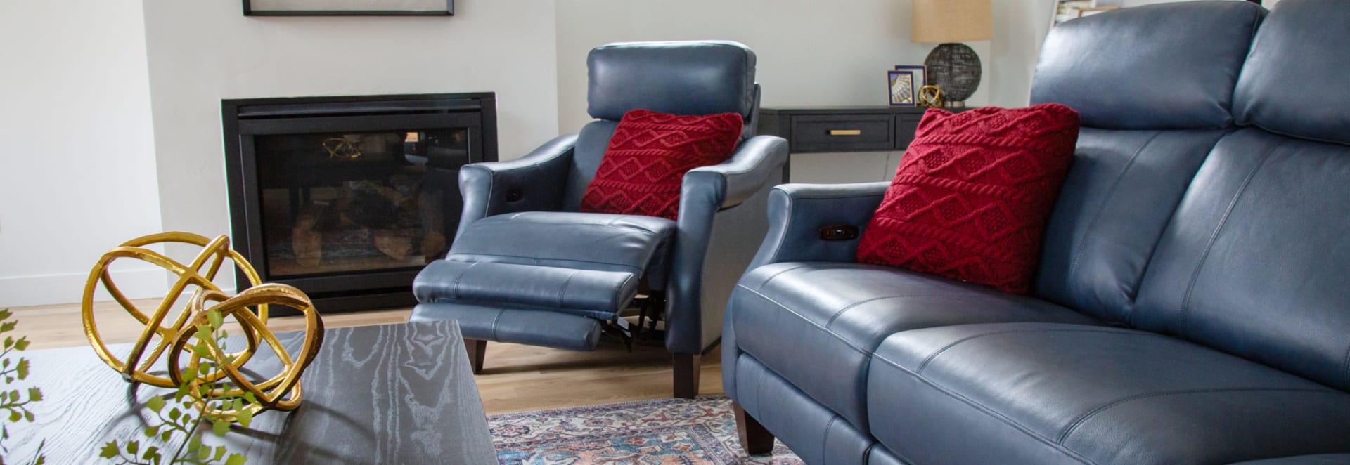 Blue Leather Power Reclining Chair in Living Room