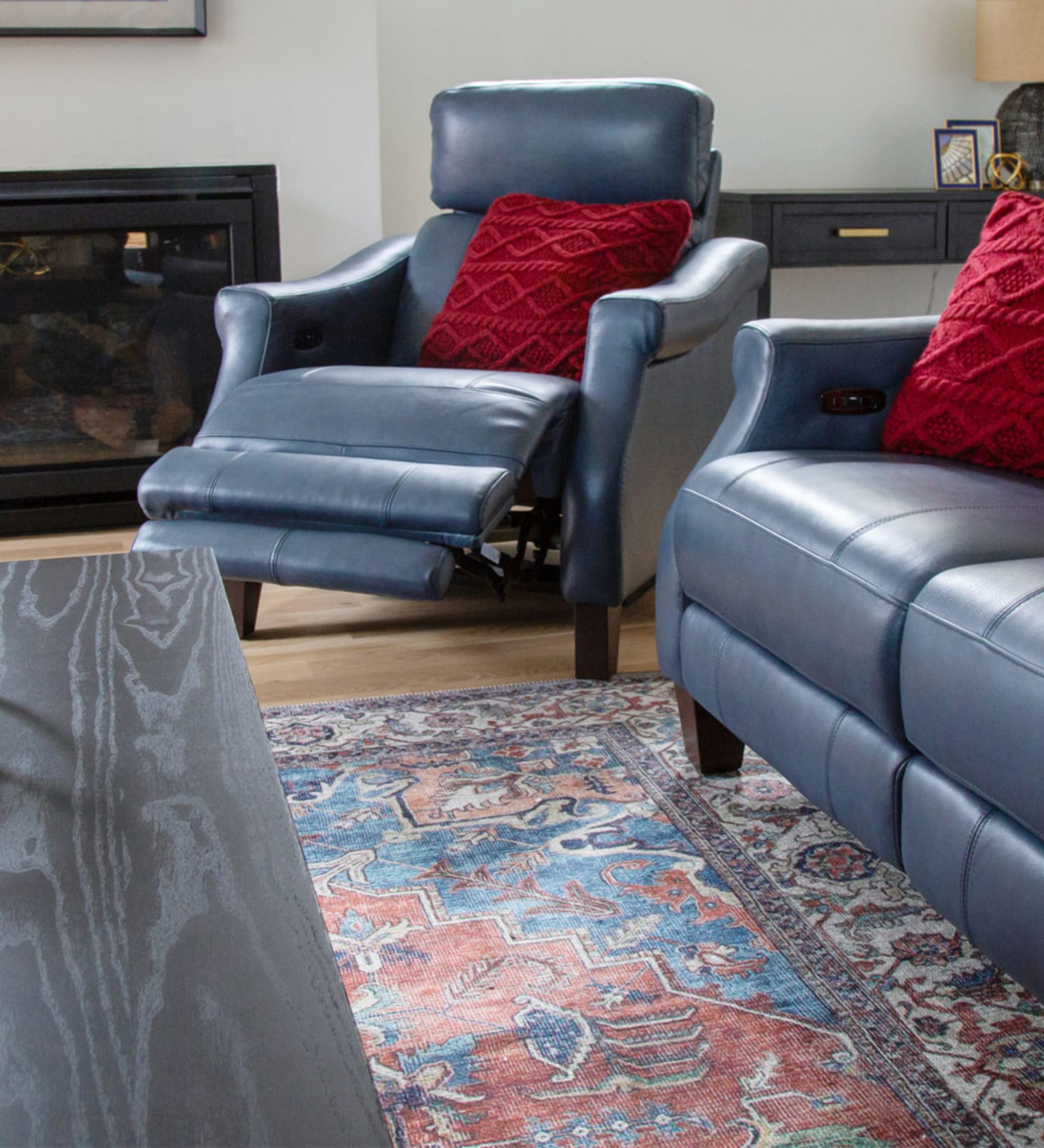 Blue Leather Power Reclining Chair in Living Room
