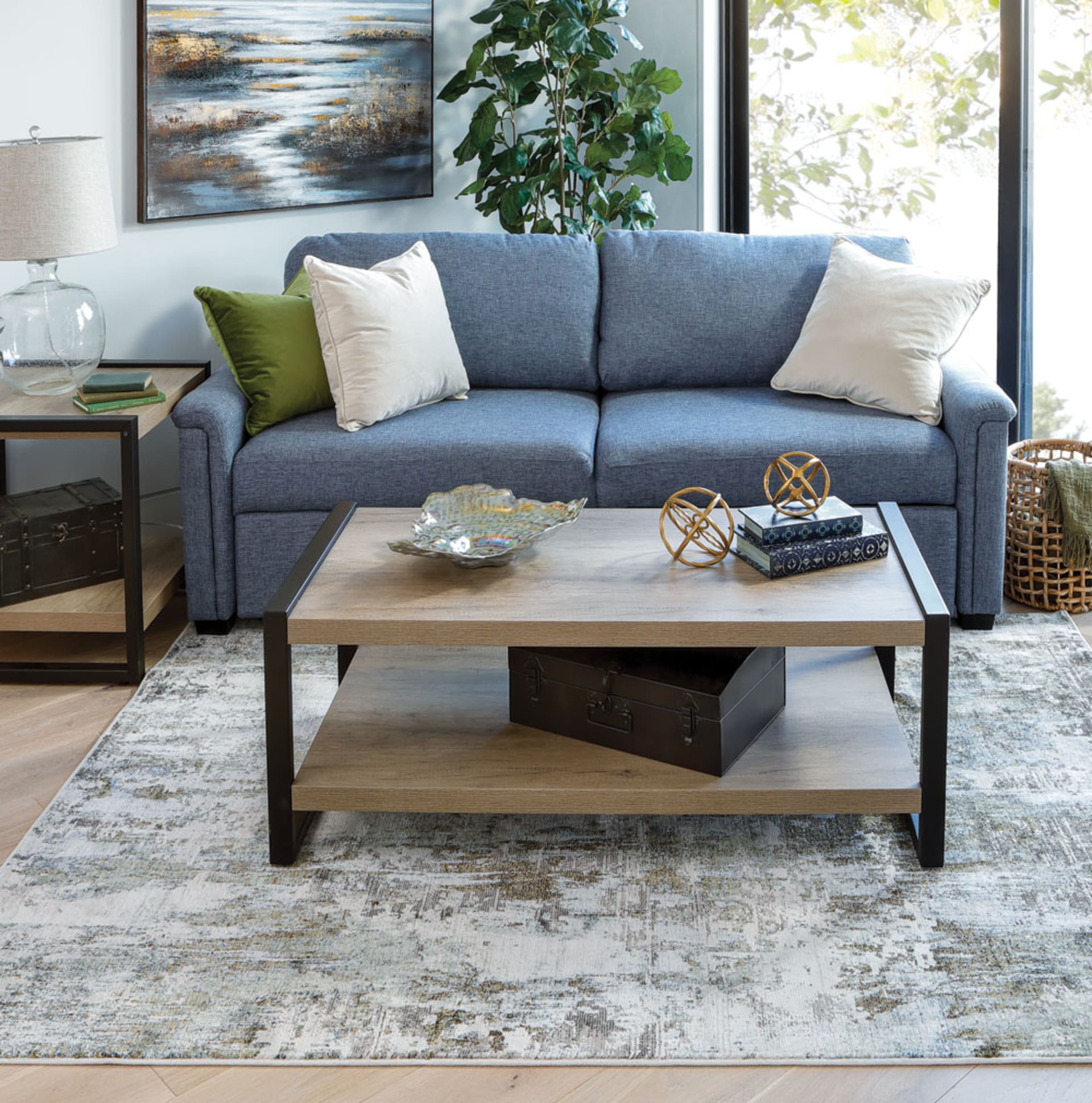 Blue Fabric Padded Arm Sofa in Living Room