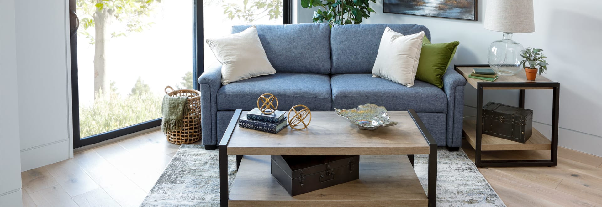 Blue Fabric Padded Arm Sofa in Living Room