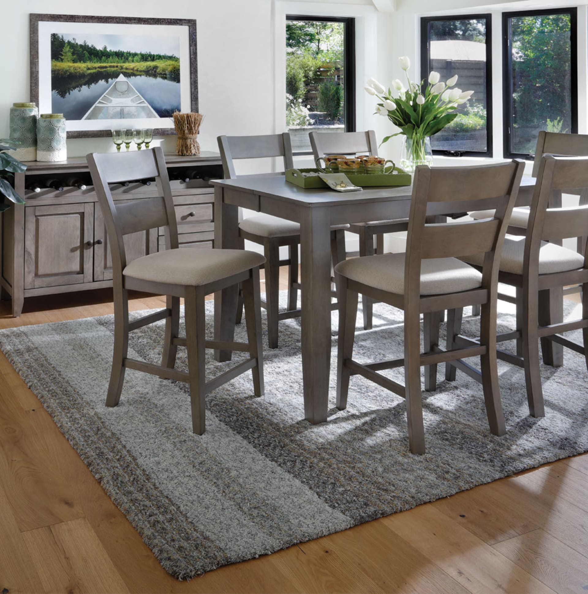 Grey Wood Counter height Dining Set in Dining Room with Boat Photography
