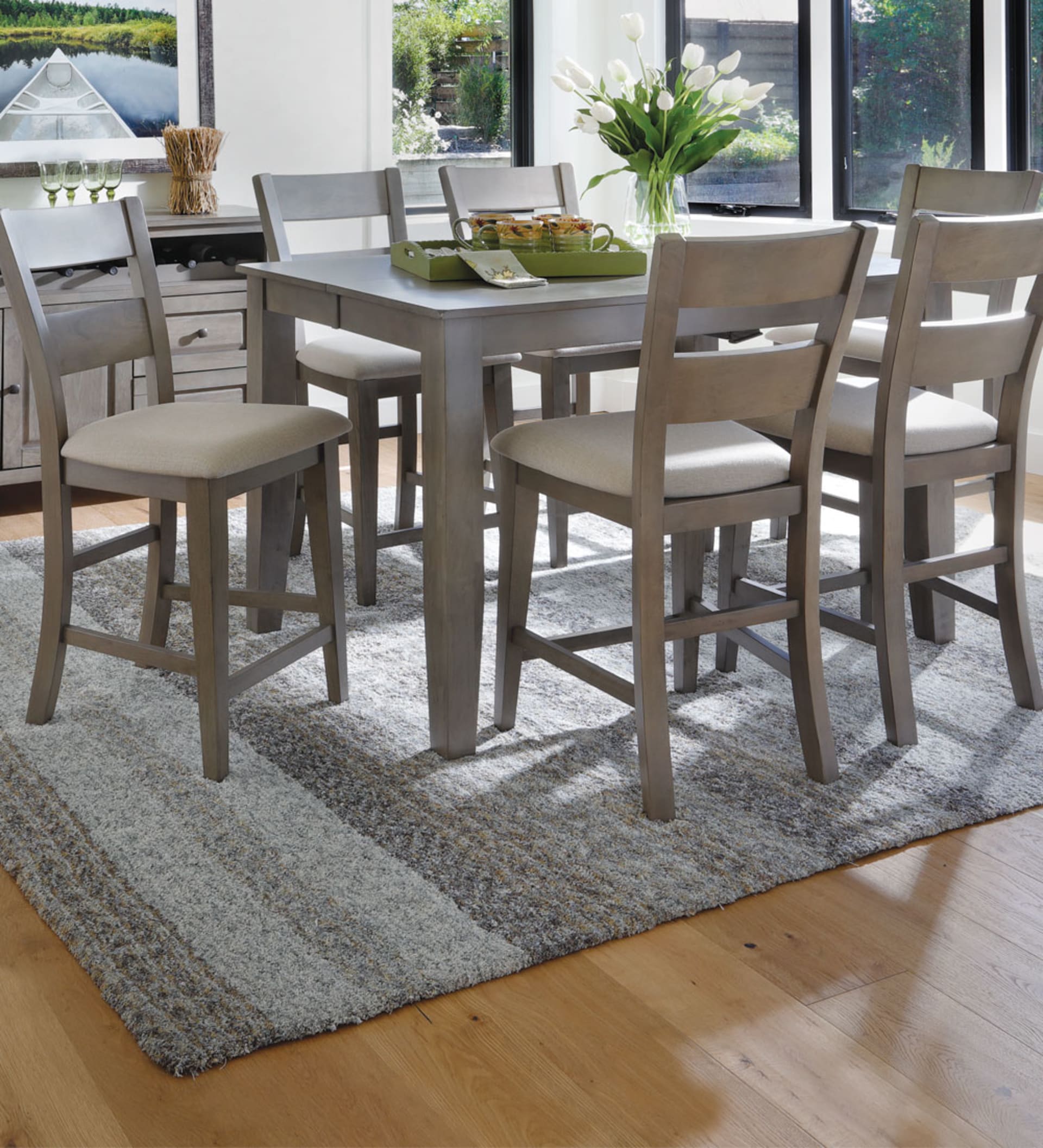 Gray Wood Dining Set in Dining Room with Boat Photography and Tulips
