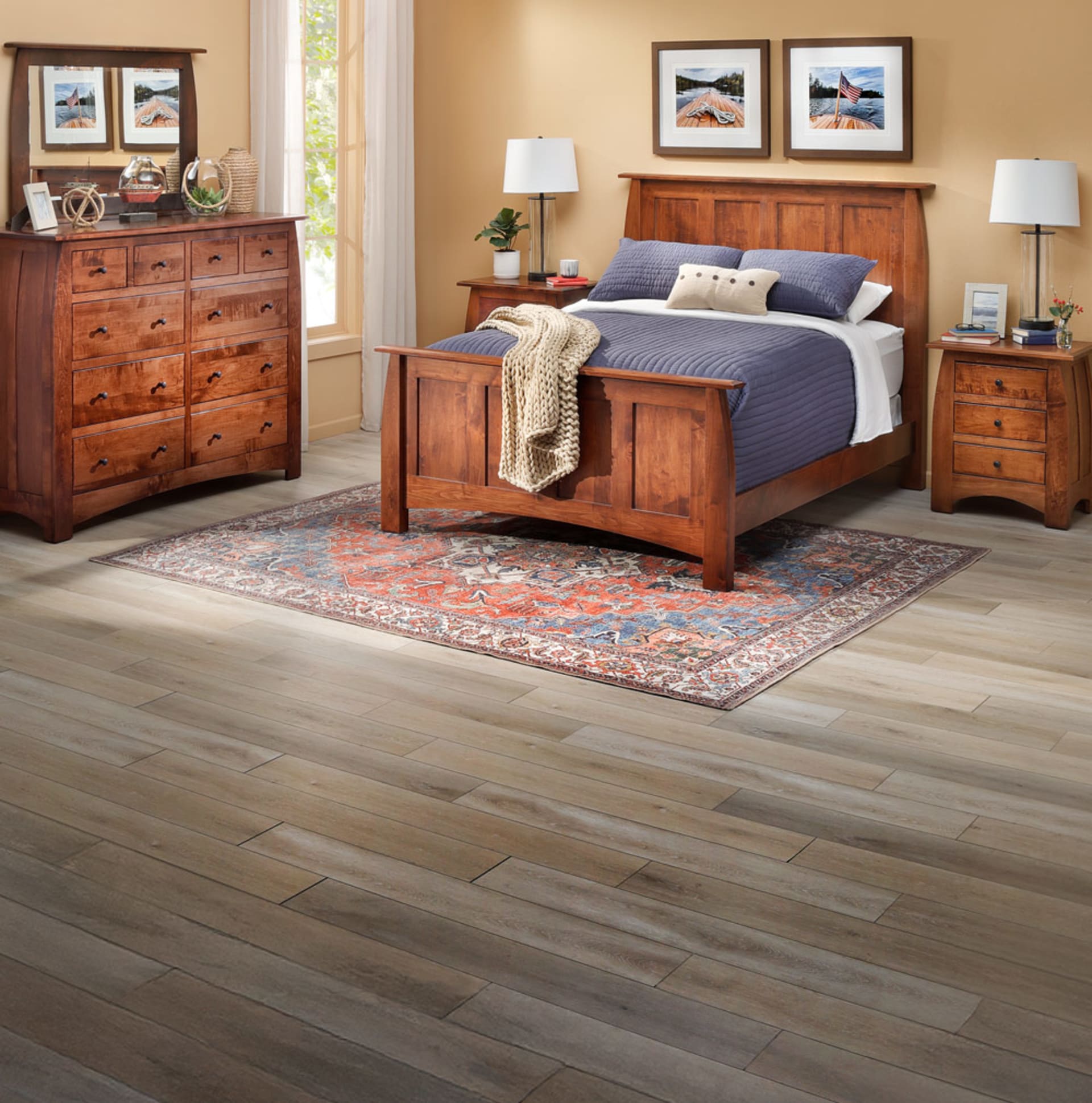 Warm-Toned Brown Wooden Amish Made Bedroom Group in Lakehouse Americana Bedroom