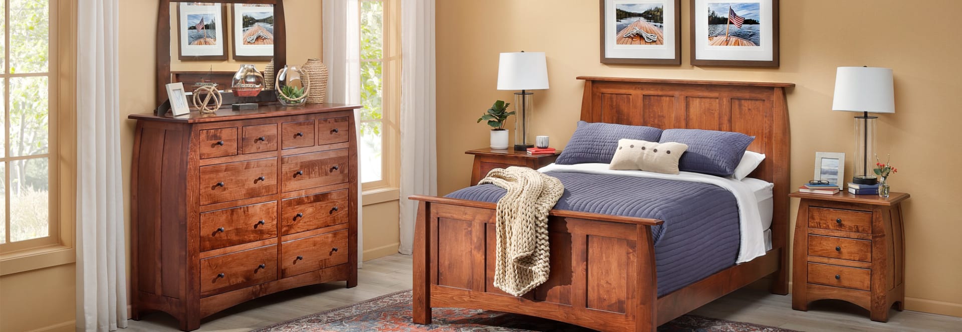 Warm-Toned Brown Wooden Amish Made Bedroom Group in Lakehouse Americana Bedroom
