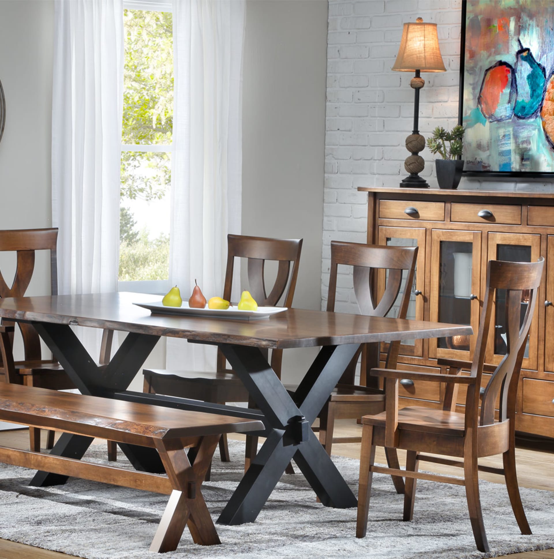 Brown Wood top dining Set with black wooden x legs