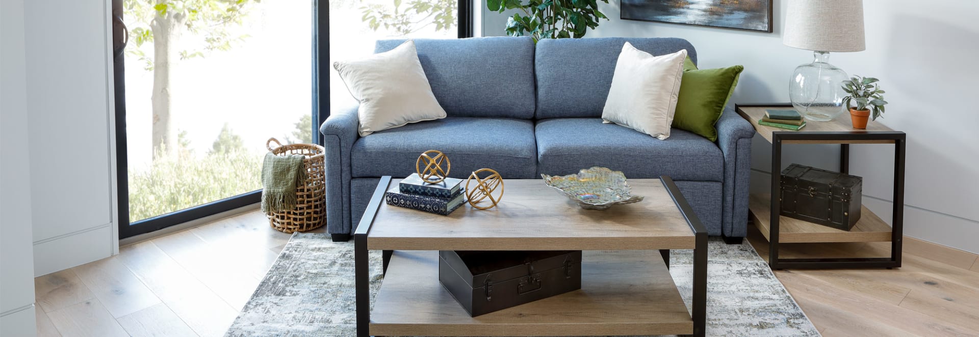 Blue Fabric Padded Arm Sofa in Living Room