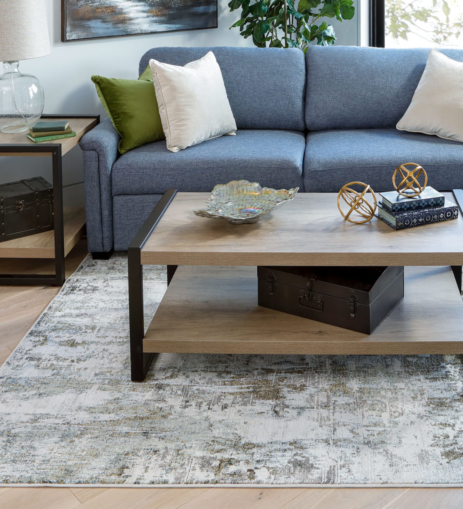 Blue Fabric Padded Arm Sofa in Living Room