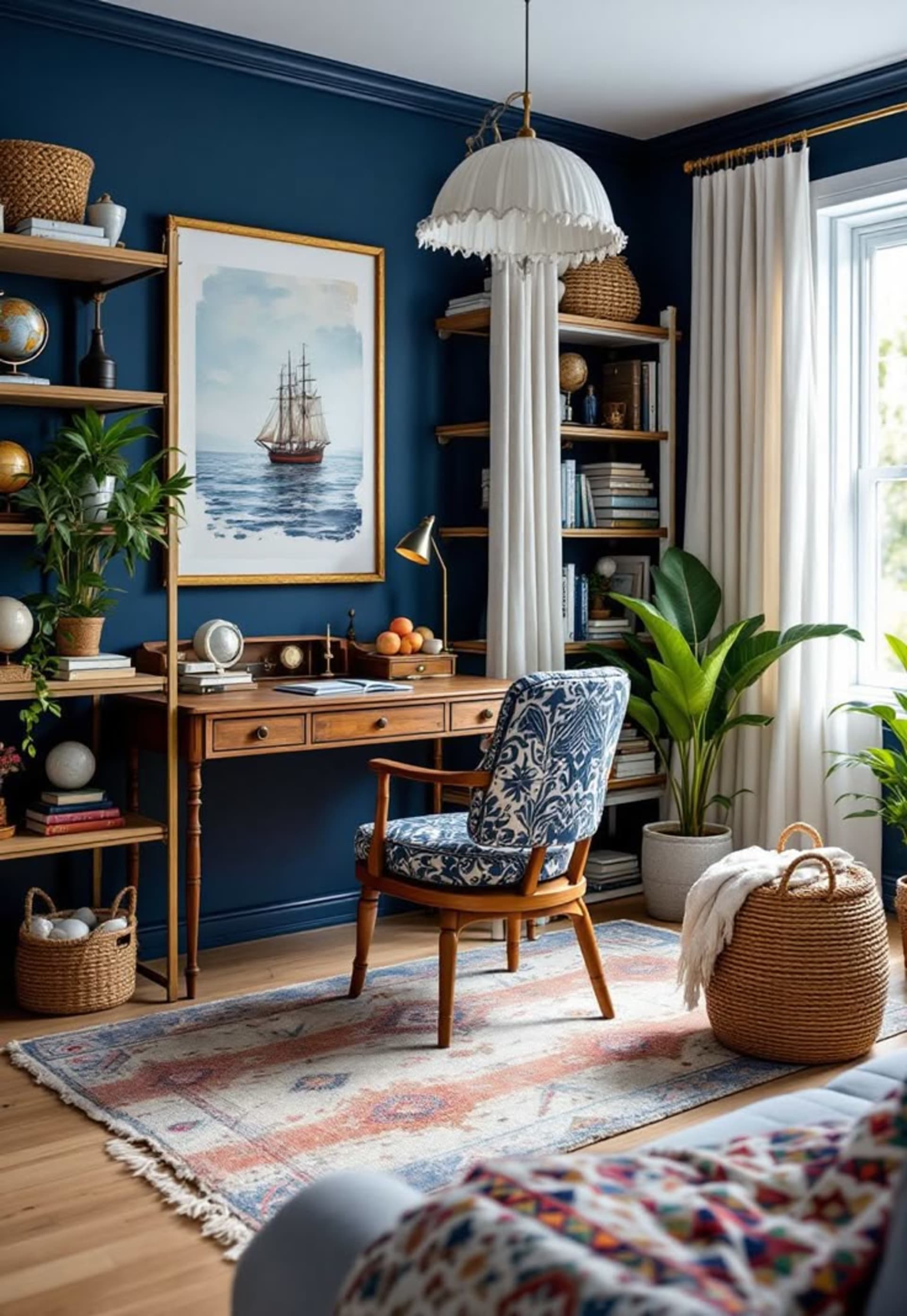 A writing desk in a coastal office with a blue upholstered chair