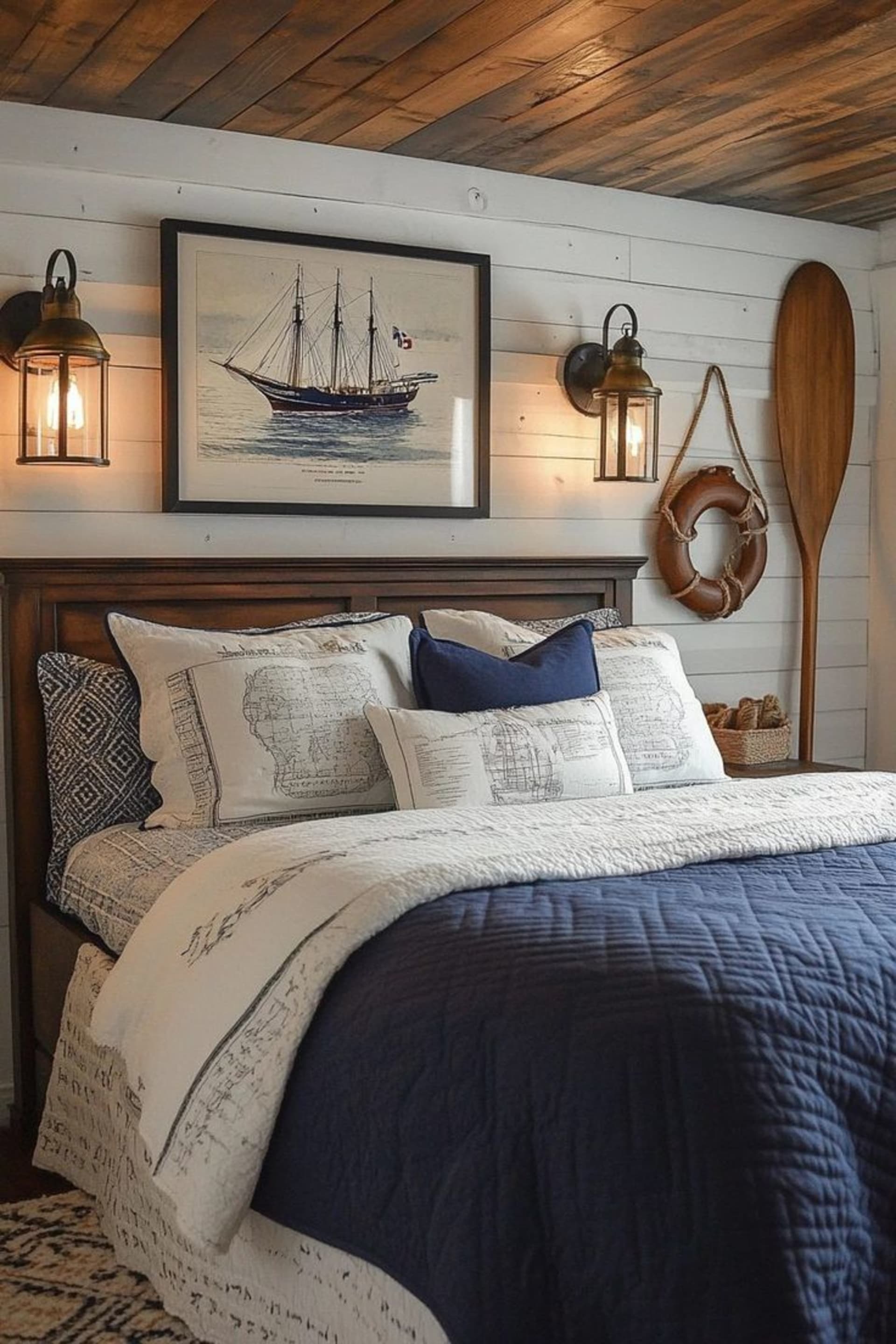 A coastal themed bedroom and bed