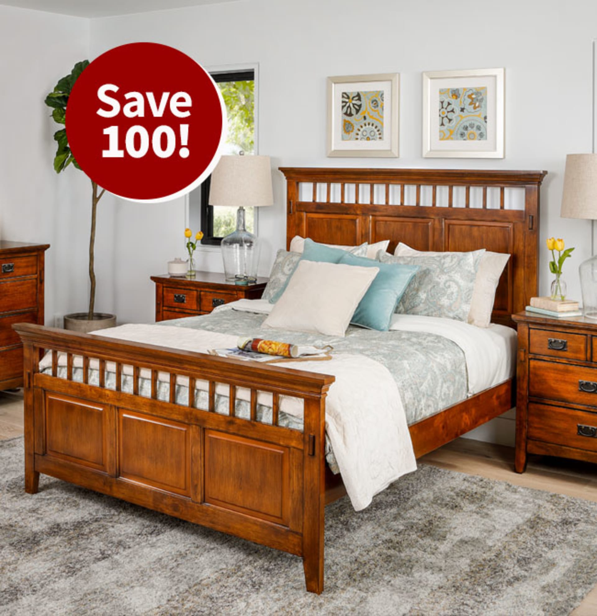 Midtoned Warm Brown wooden panel bed with classic design in bedroom. Save $100.