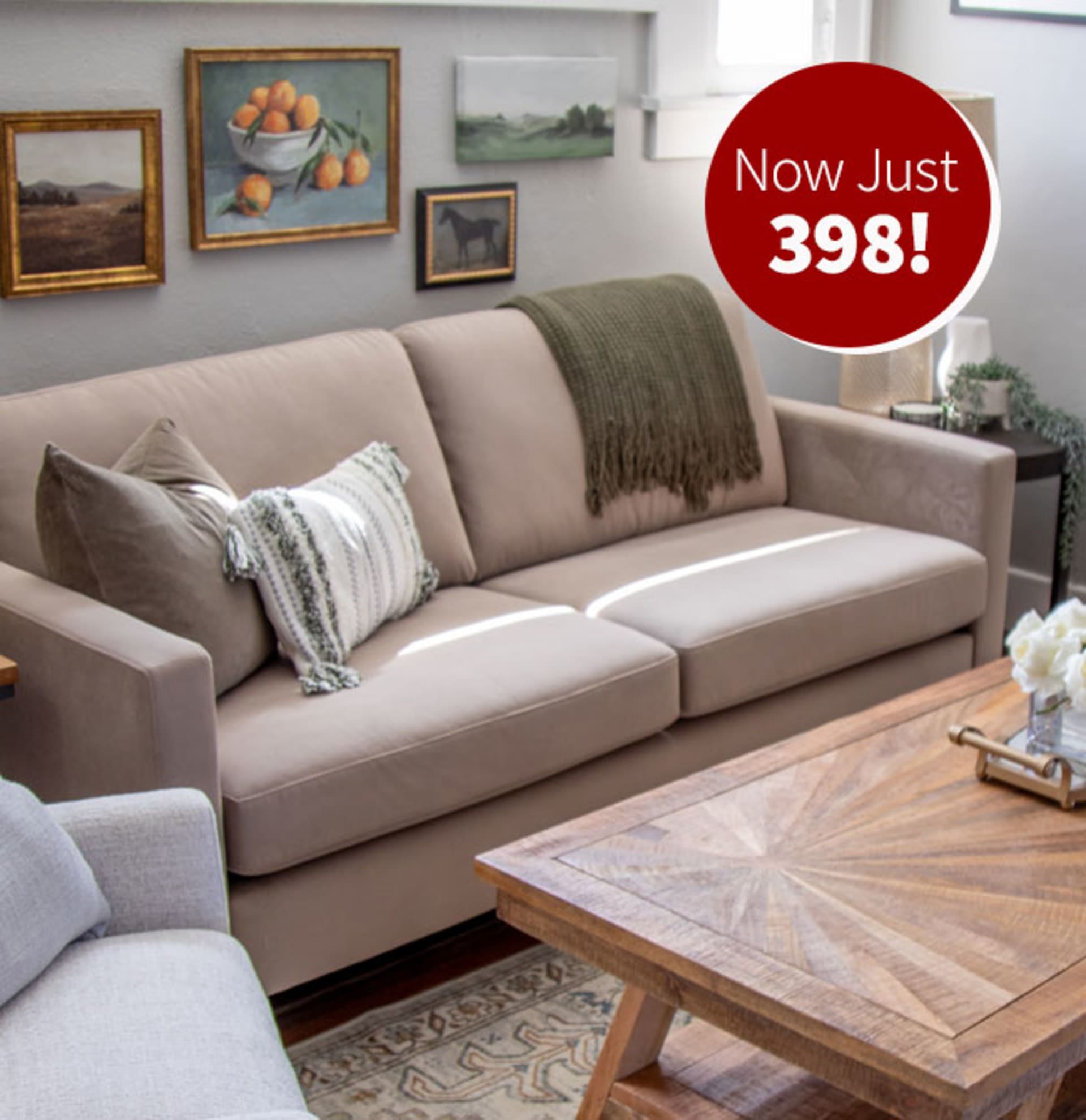 Mushroom Colored Velvet Sofa in Modernized Vintage Living Room
