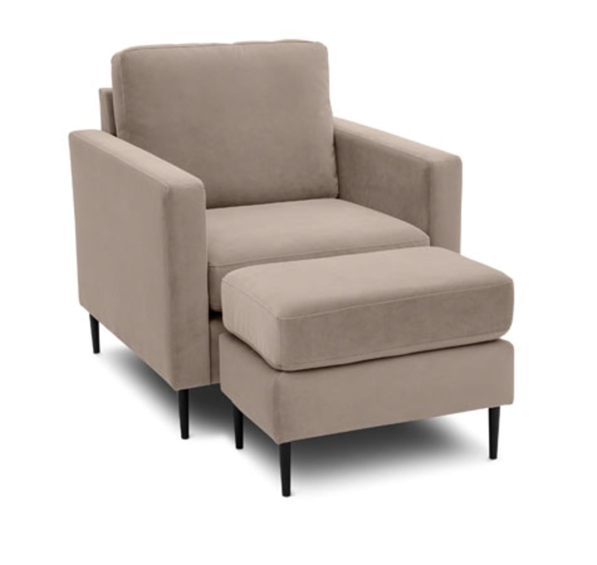 Mushroom colored velvet chair and ottoman