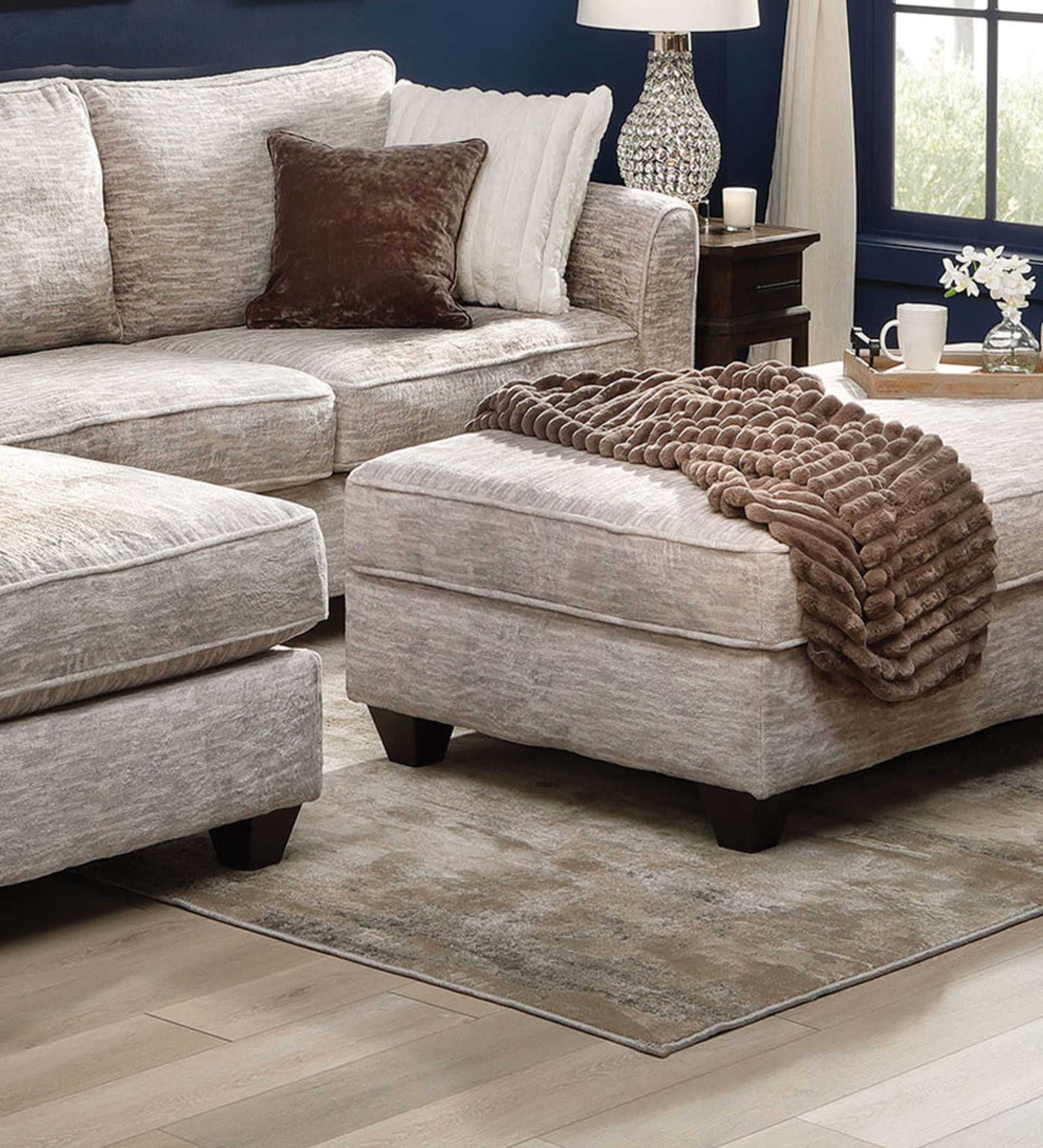 Light Gray Fabric Sectional in Living Room with Navy walls