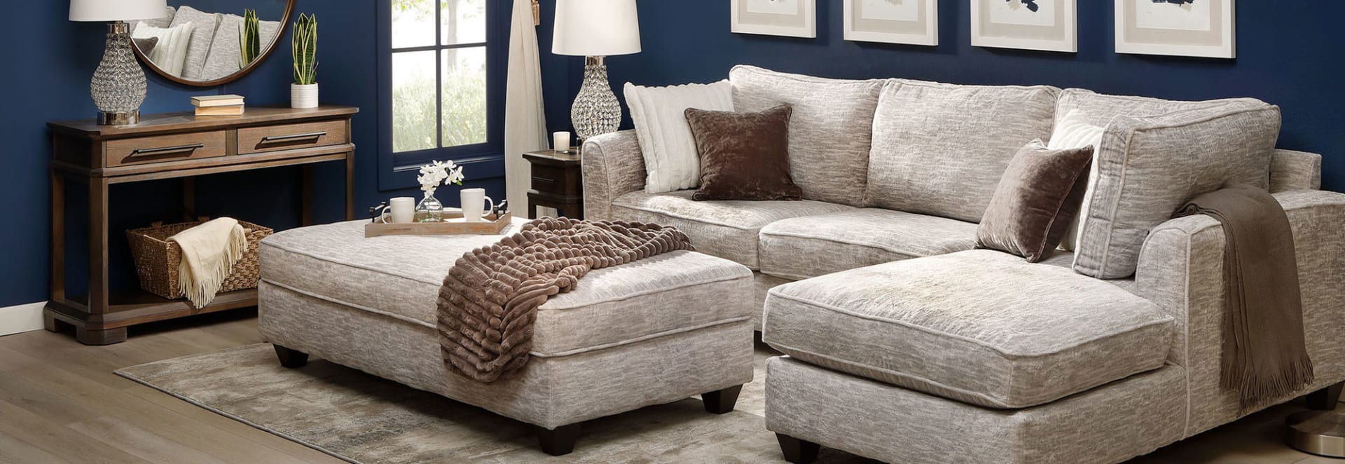 Light Gray Fabric Sectional in Living Room with Navy walls