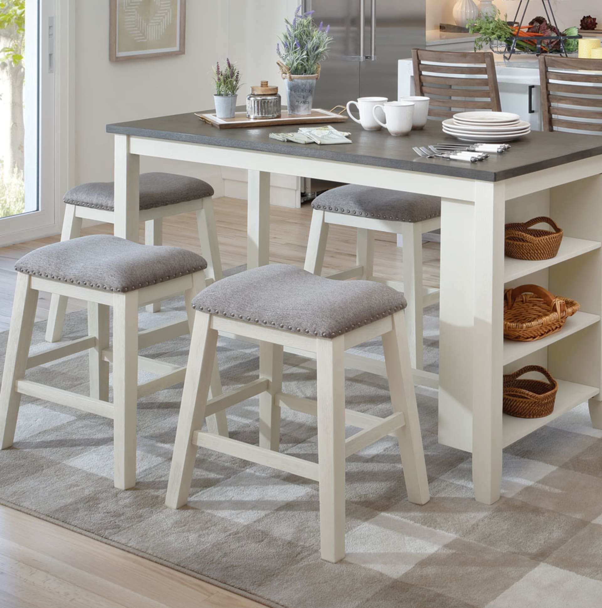 Counter Height Dining Set with White Base and Brown top in Dining Room