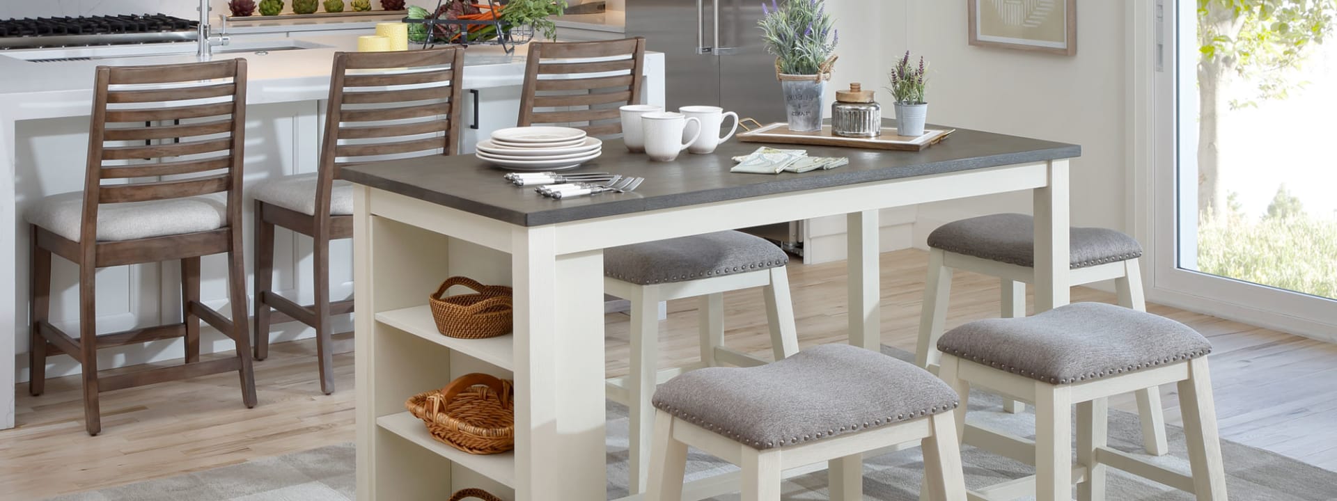 Counter Height Dining Set with White Base and Brown top in Dining Room