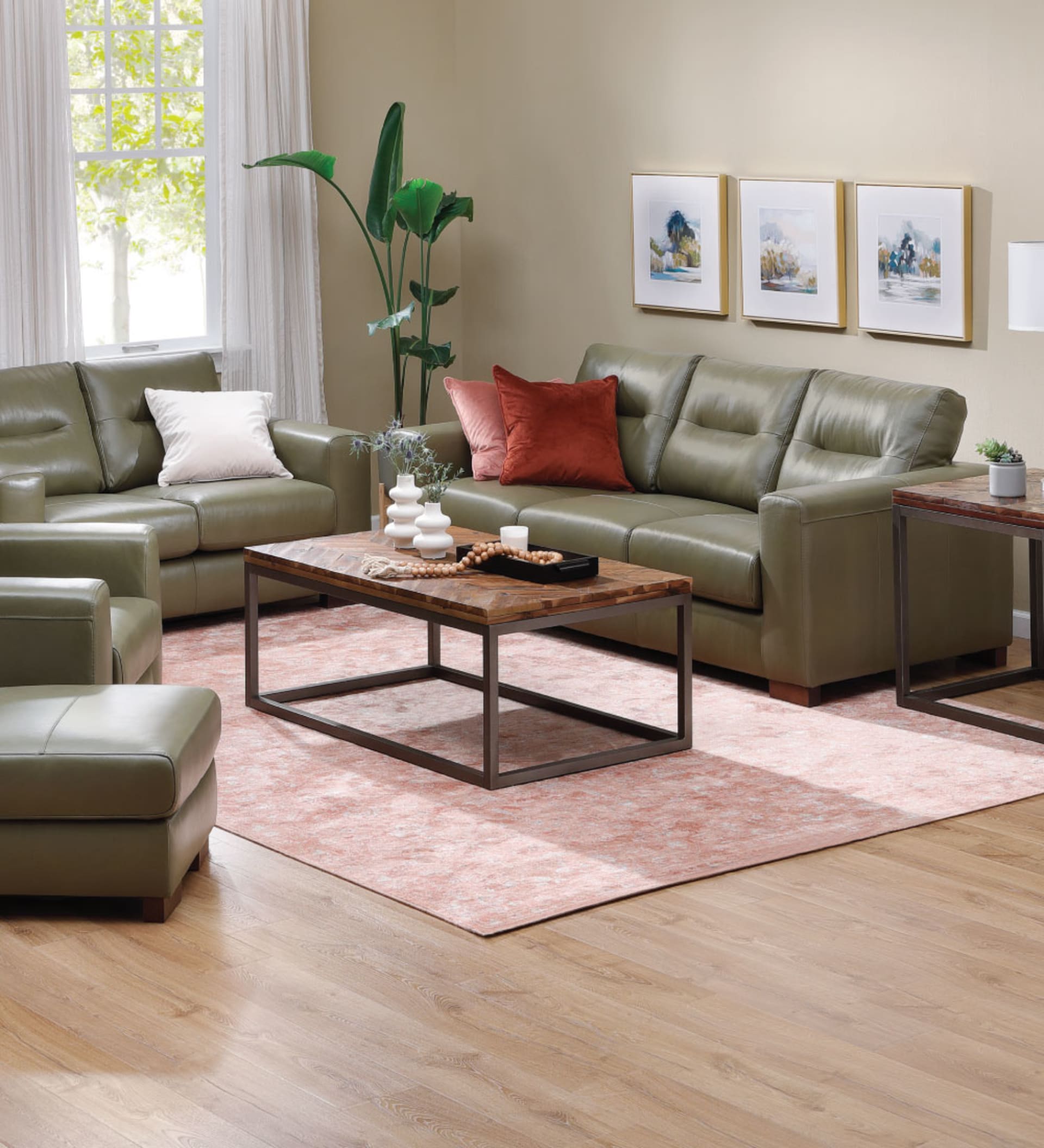 Green sofa set with red accent pieces
