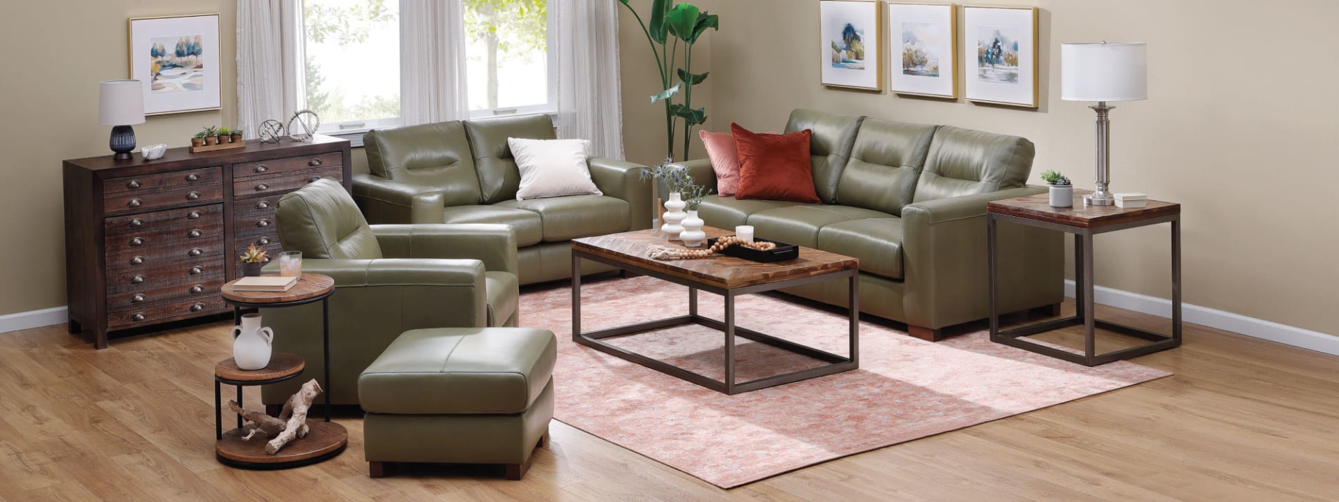 Green sofa set with red accent pieces