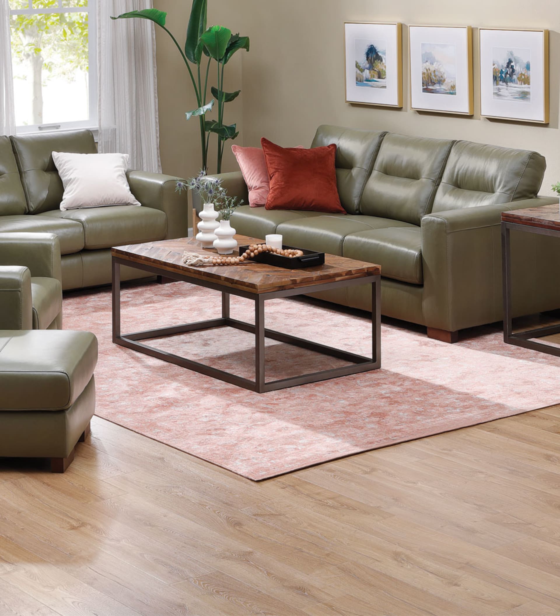 Olive Green Leather Sofa in Living Room