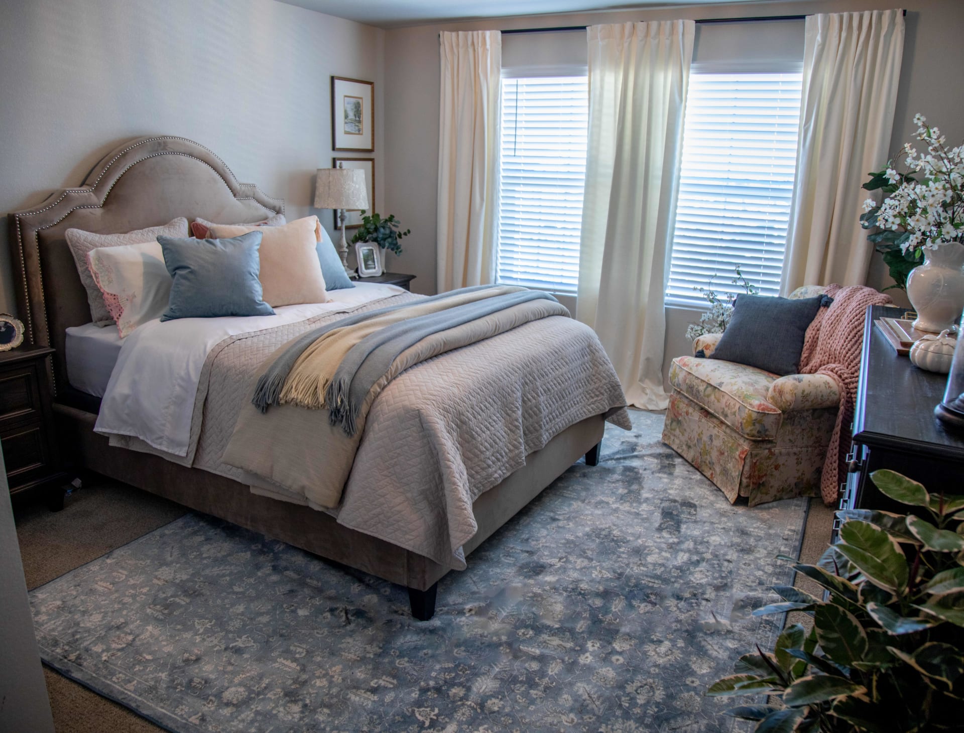 The Rainier Upholstered Bed in a cottage bedroom
