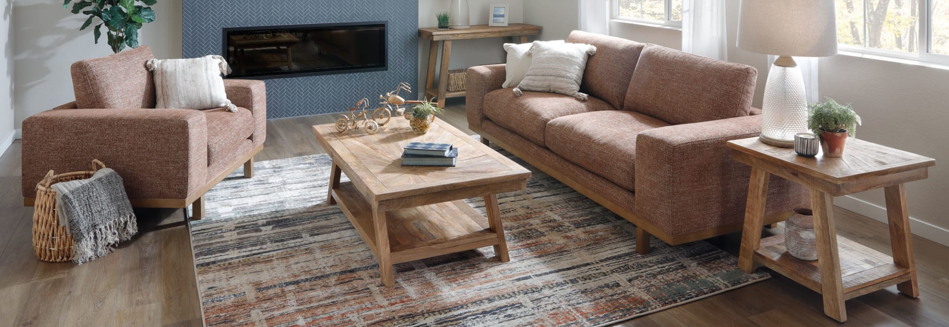 Woven Teracotta colored Sofa with wooden base in living room