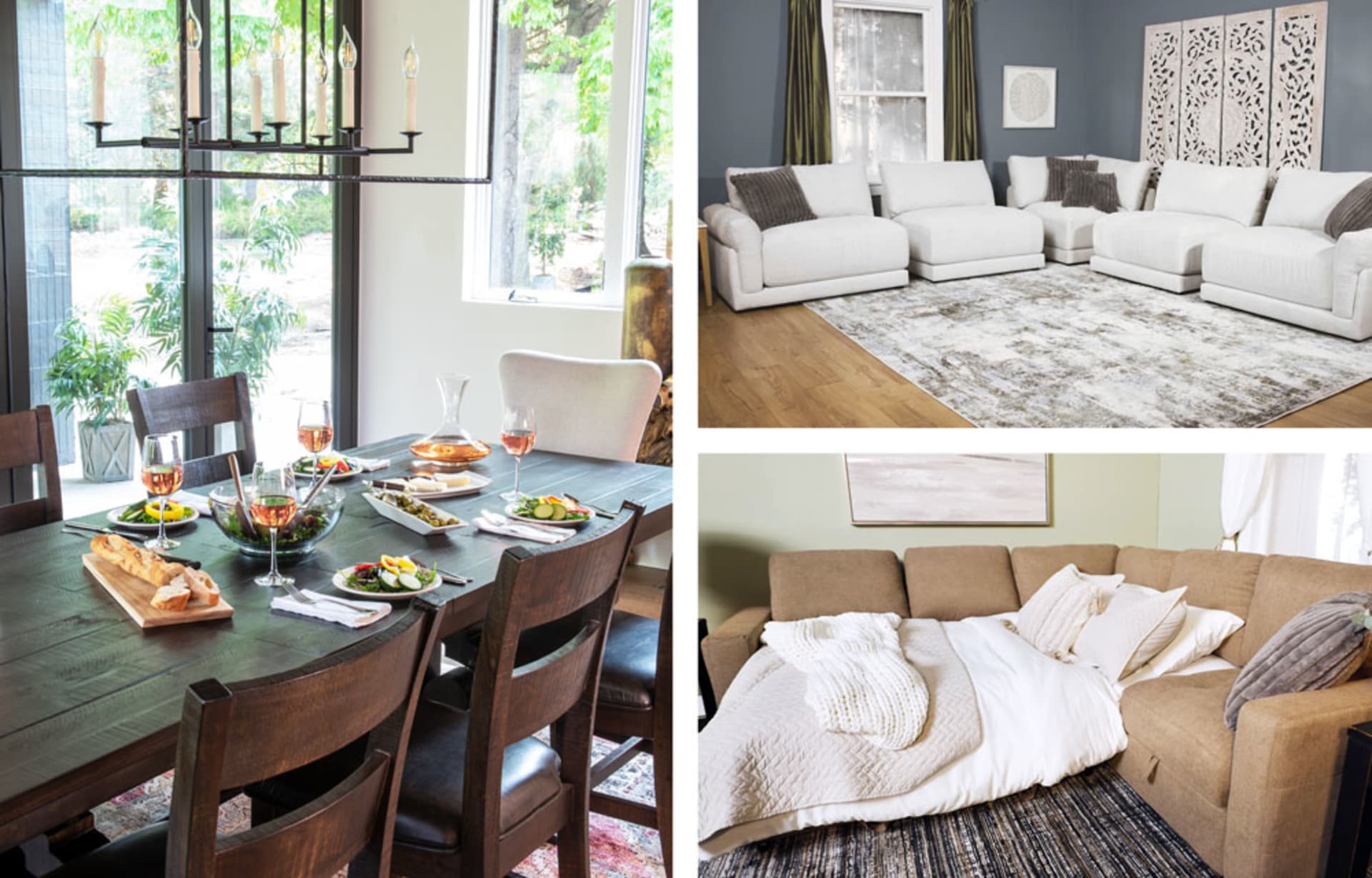 Dining Table Expanded with Leaf and set for dinner, Sleeper Sectional in Living Room, Modular Sectional