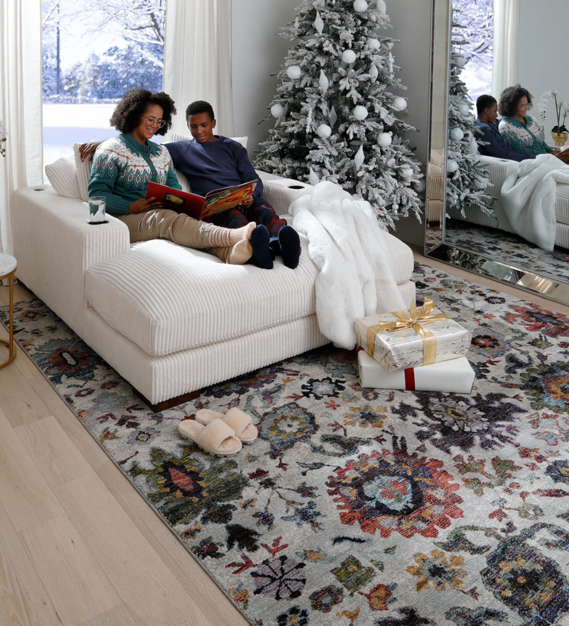 White Haven Oversized Chaise Lounge in Christmas Living room with mother and son reading