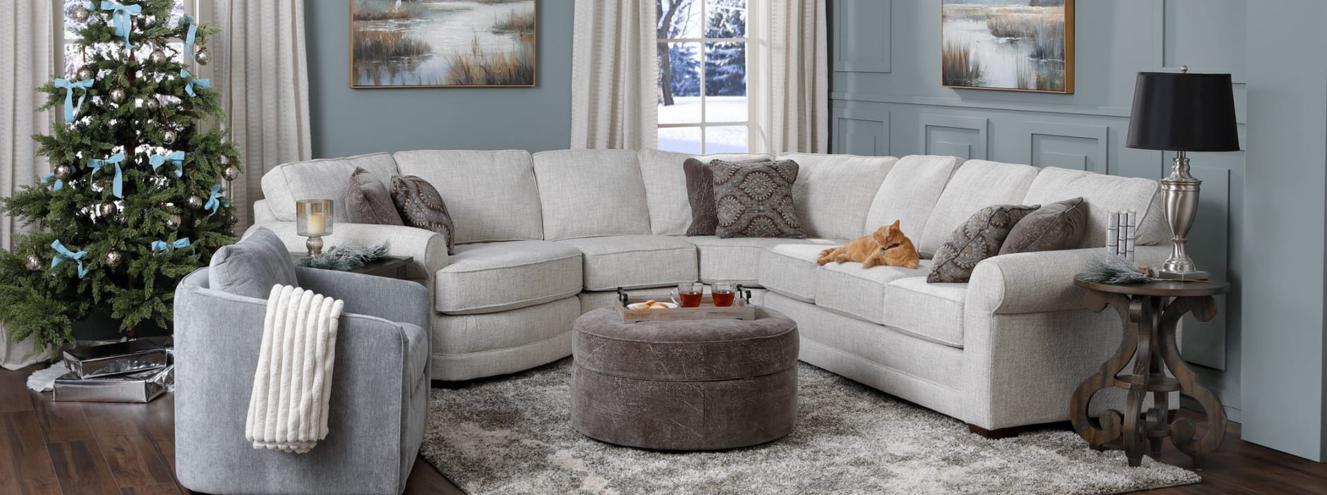 Richmond Gray sectional in Holiday Living room with Cat