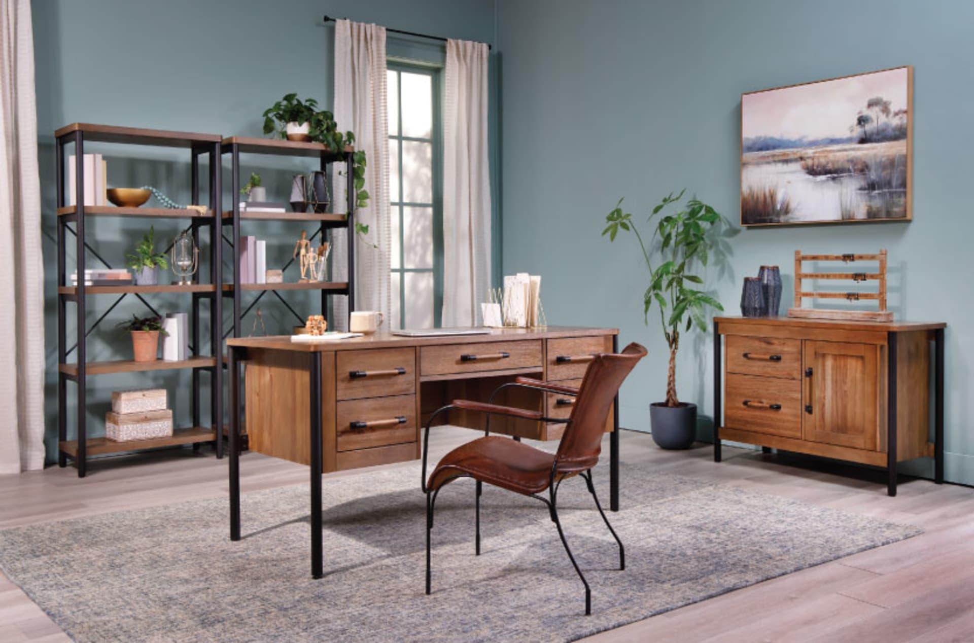 Hickory Hill Desk in blue room with plants