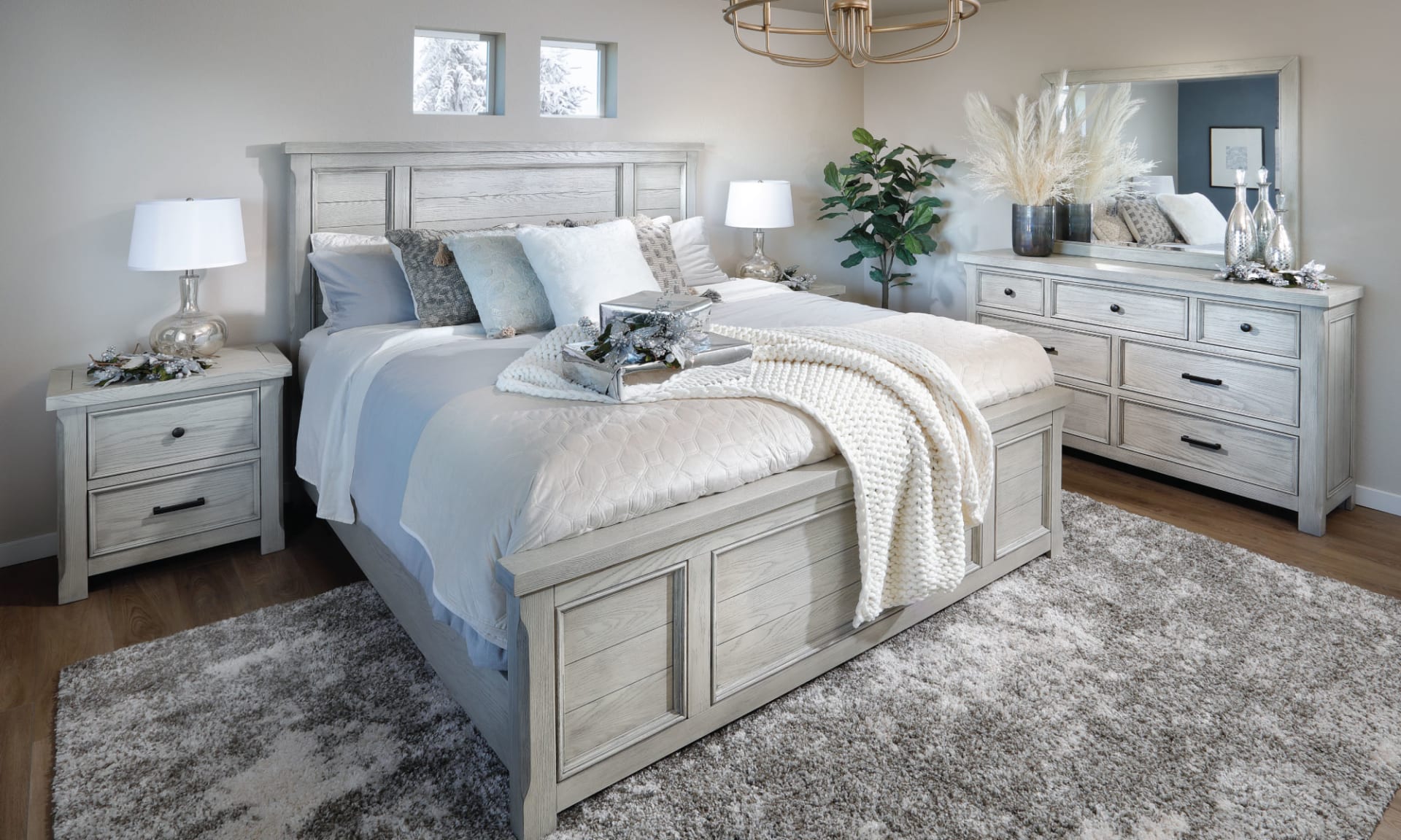 Greyson Bed with silver accents decorated for winter
