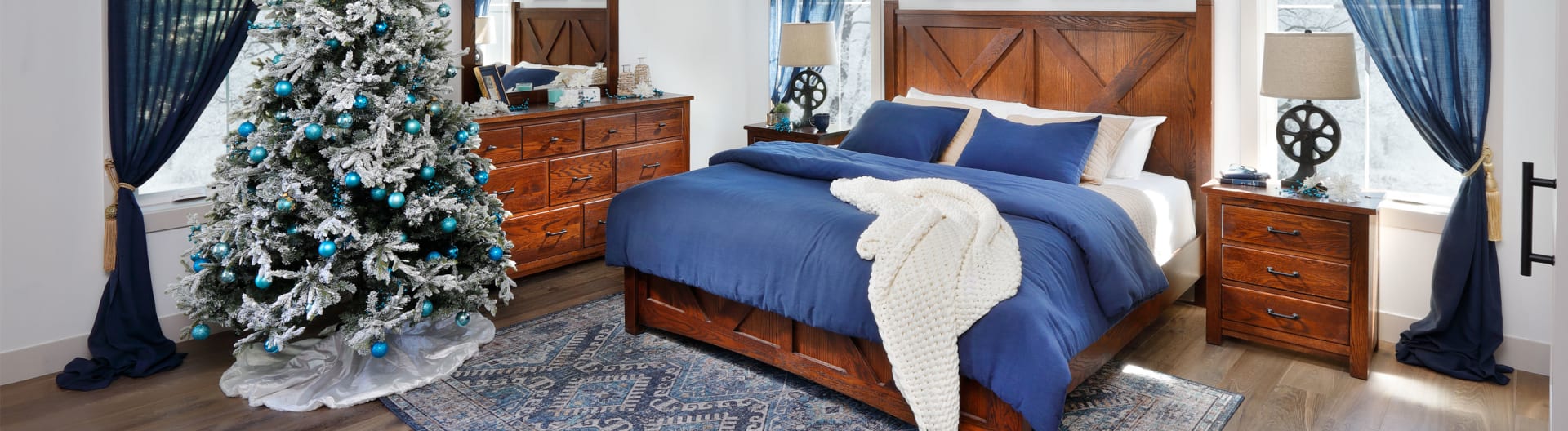 Brown Wooden Farmhouse Style Panel Bed in Bedroom decorated for christmas