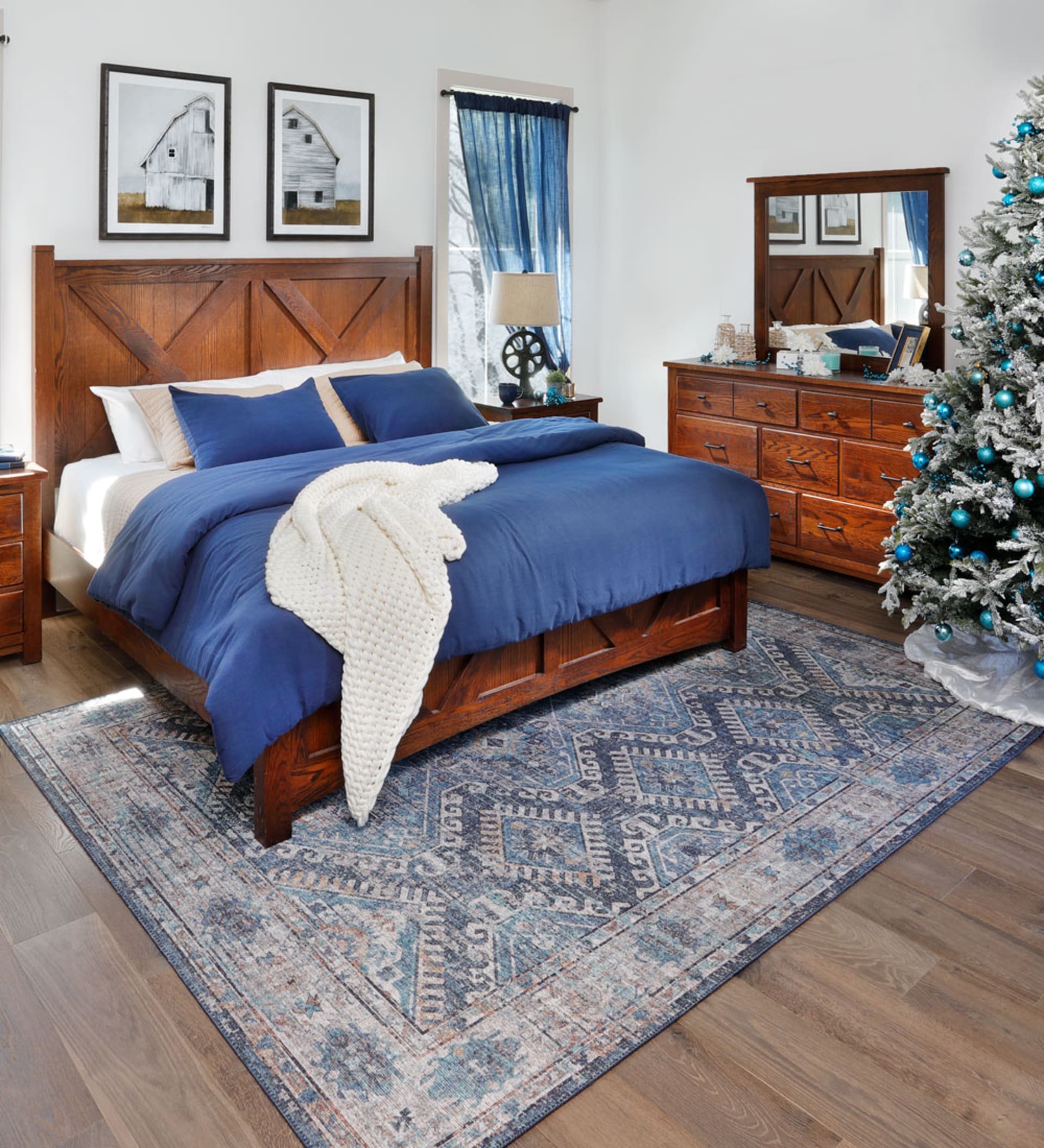 Brown Wooden Farmhouse Style Panel Bed in Bedroom decorated for christmas