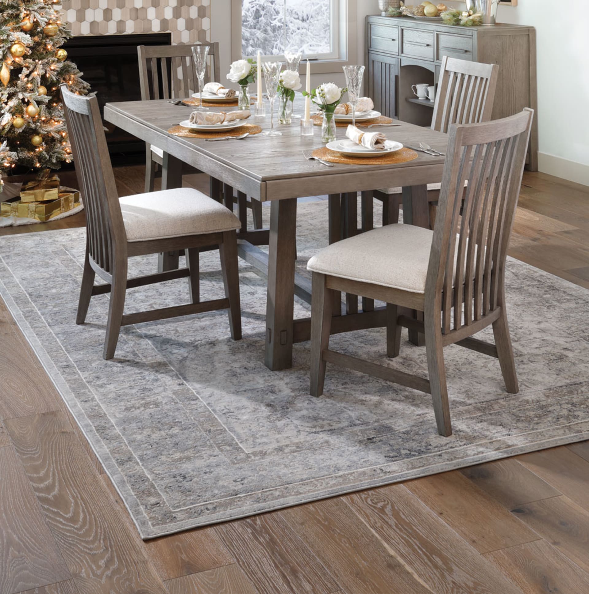 Light Cool-Toned Wooden Dining Set in Dining Room Decorated for Christmas