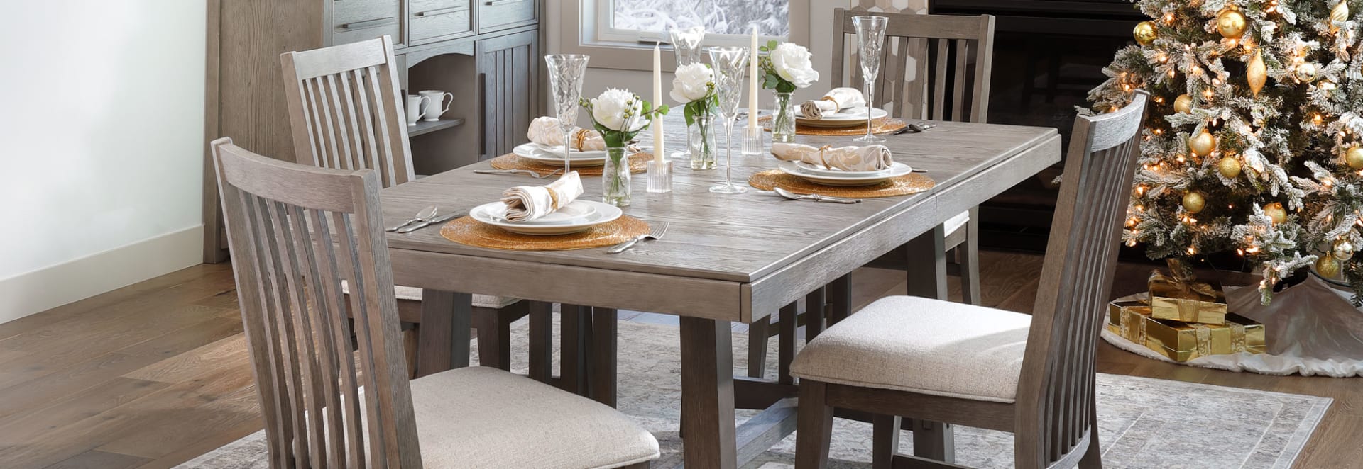 Light Cool-Toned Wooden Dining Set in Dining Room Decorated for Christmas