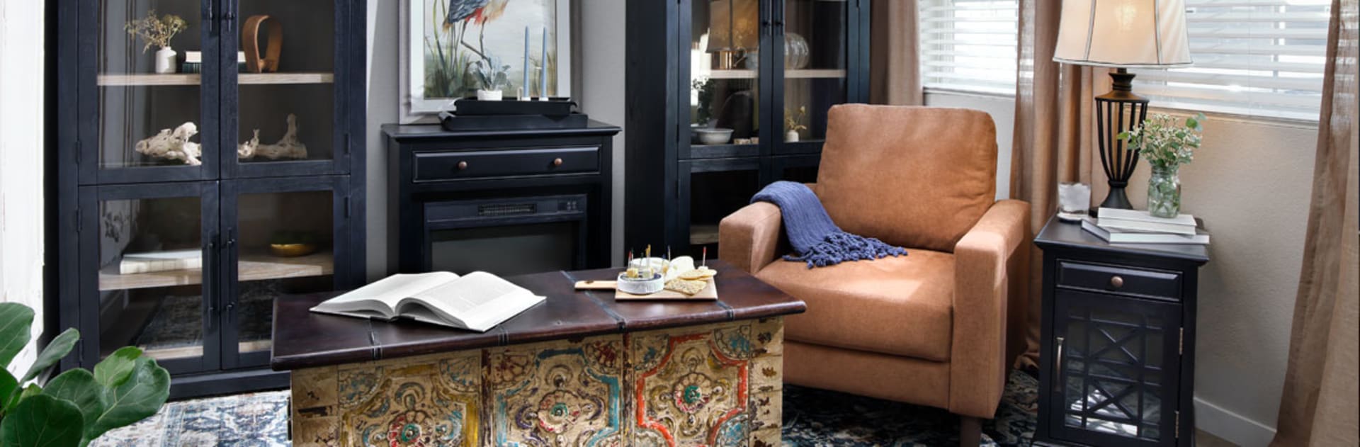 Arches bookcases with fireplace in between