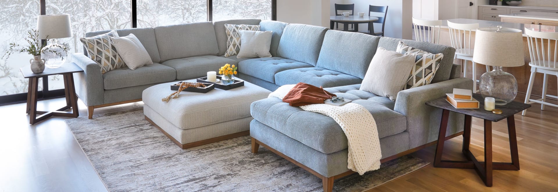 Microvelvet Sage colored Sectional with wooden base