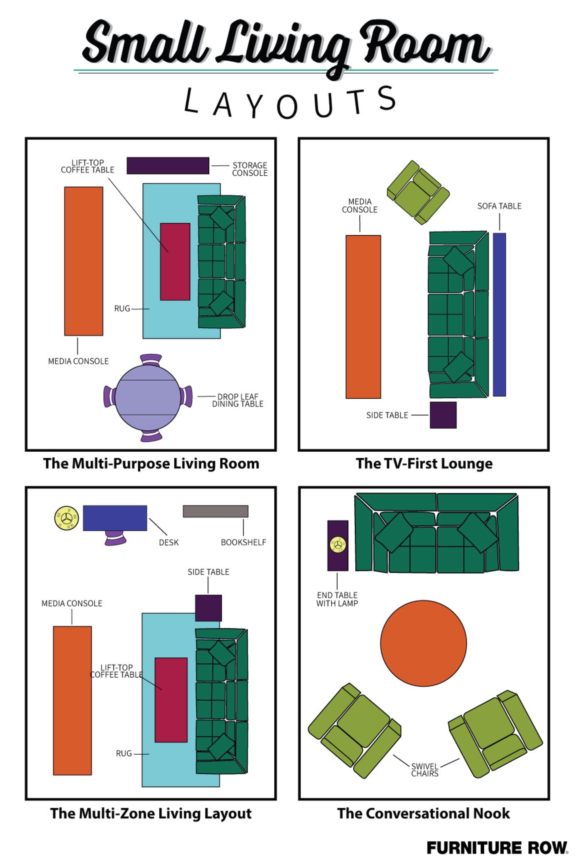 Graphic showing small living room layouts