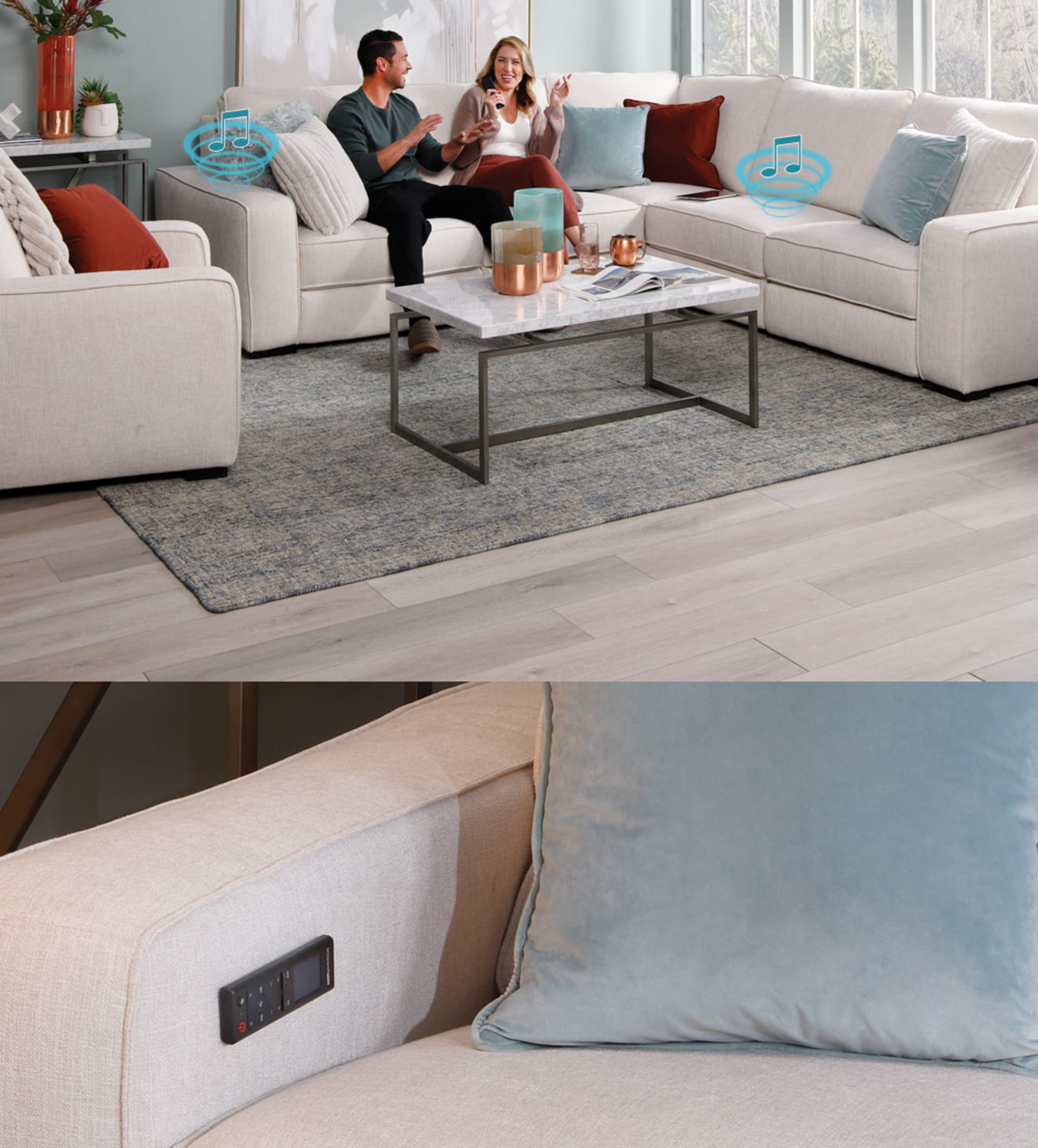 White Sectional with magnetic remote and soundwave icons