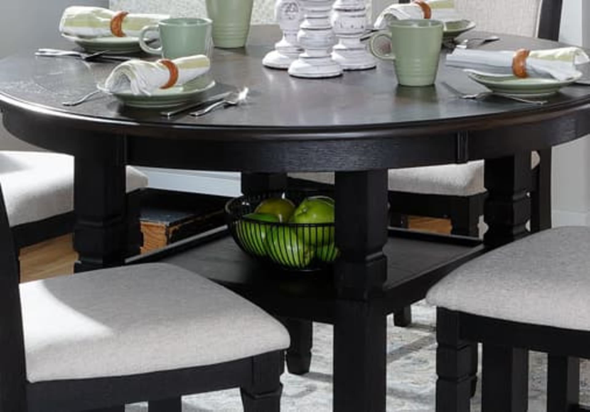 Black Wooden Round Dining Table set with Light fabric Chair seats