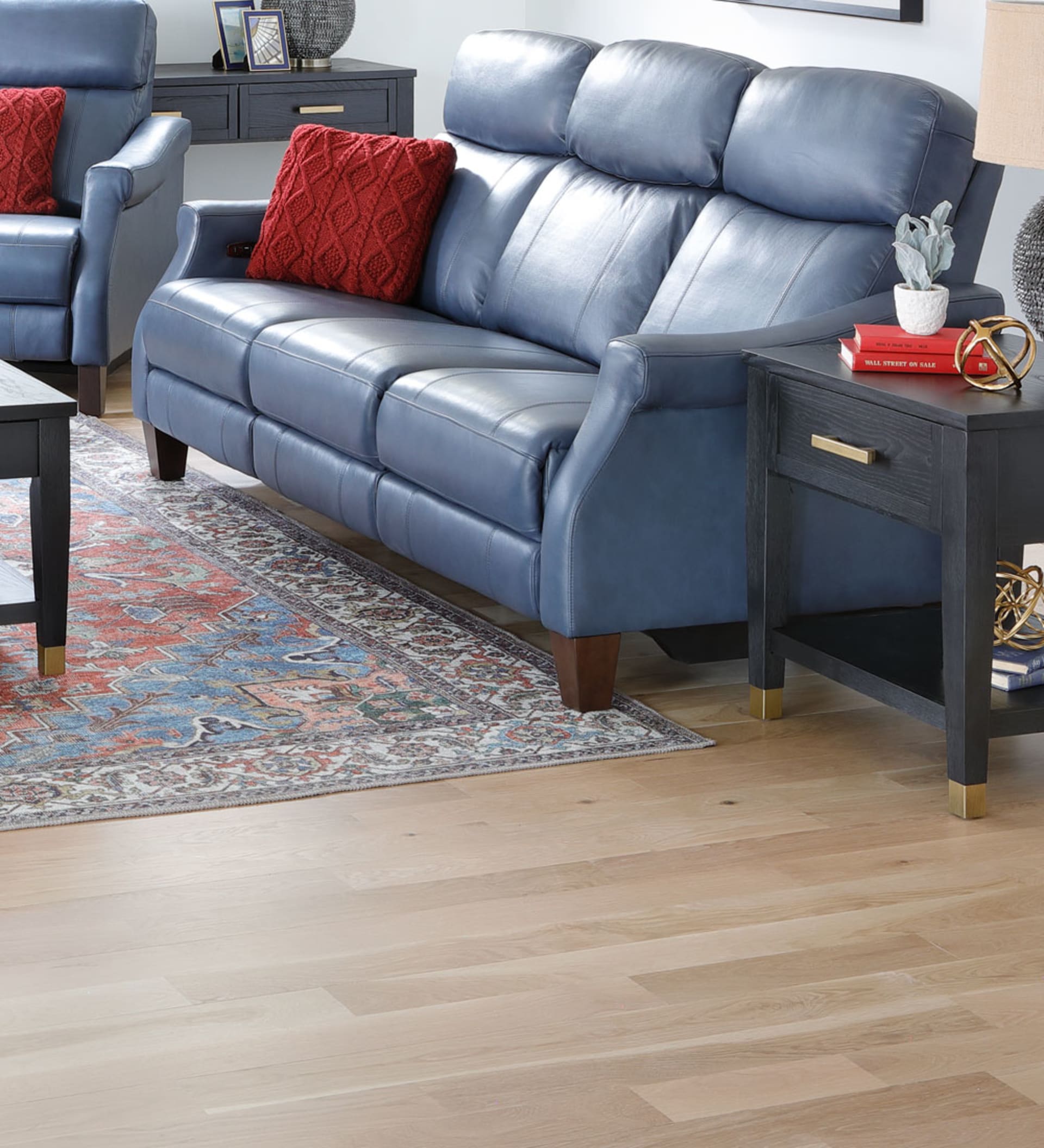 Astra Blue Leather Power Reclining Sofa in Living Room