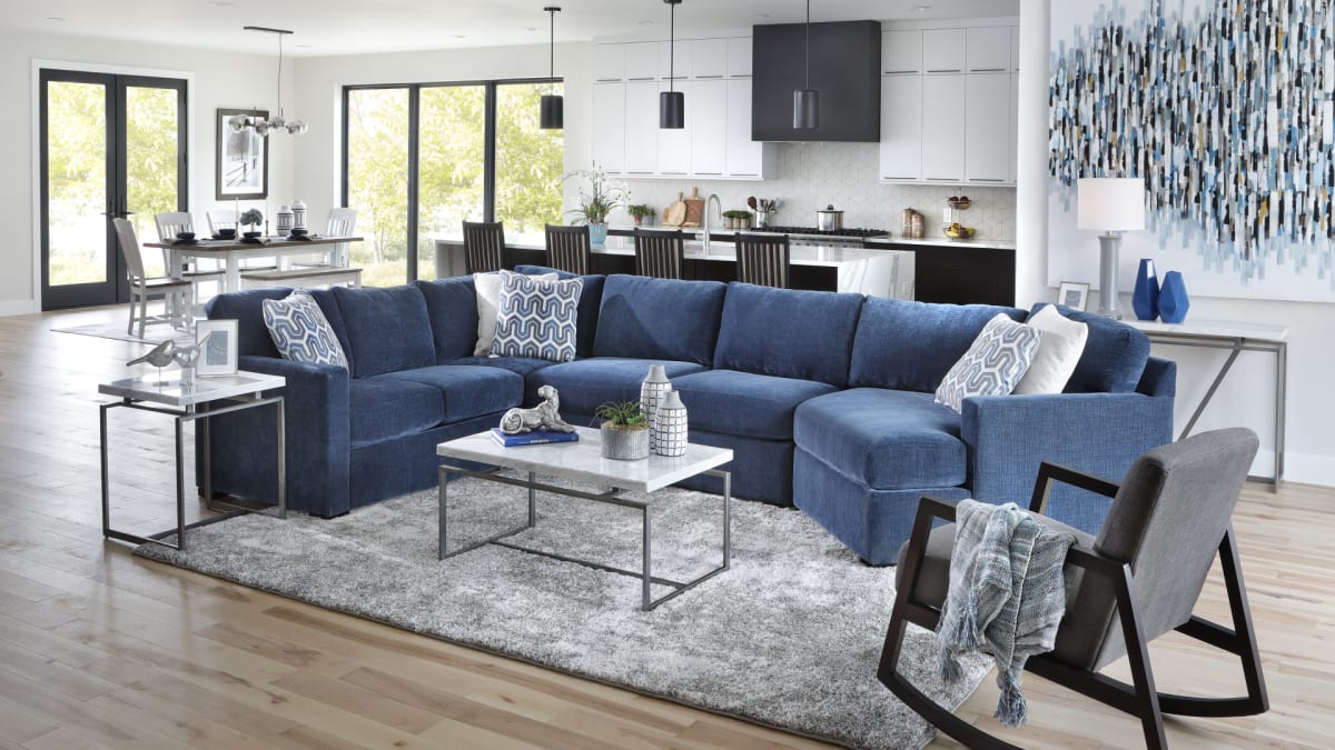 Bold Blue Microvelvet Sectional in Living Room