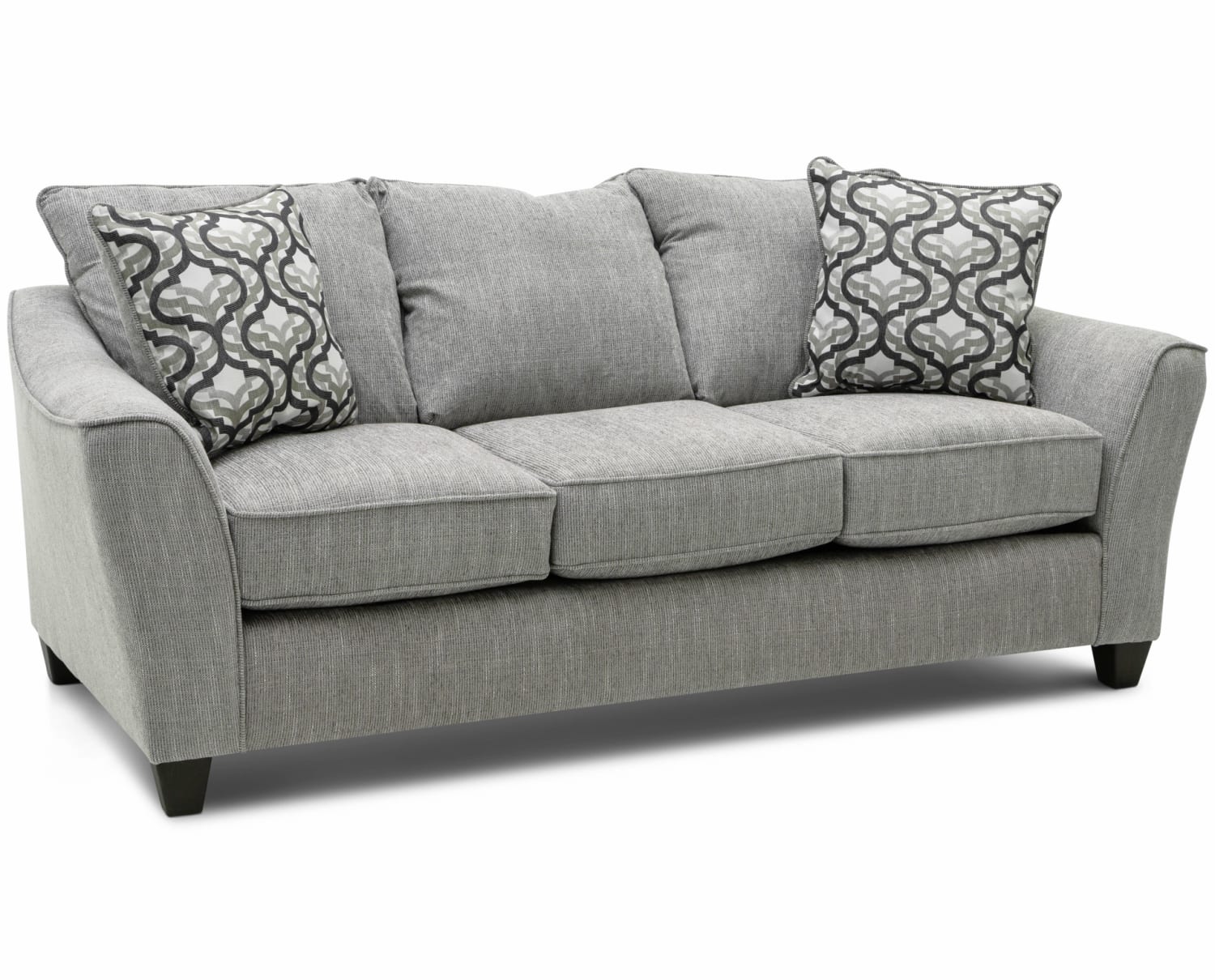 A gray contemporary sofa with flared arms