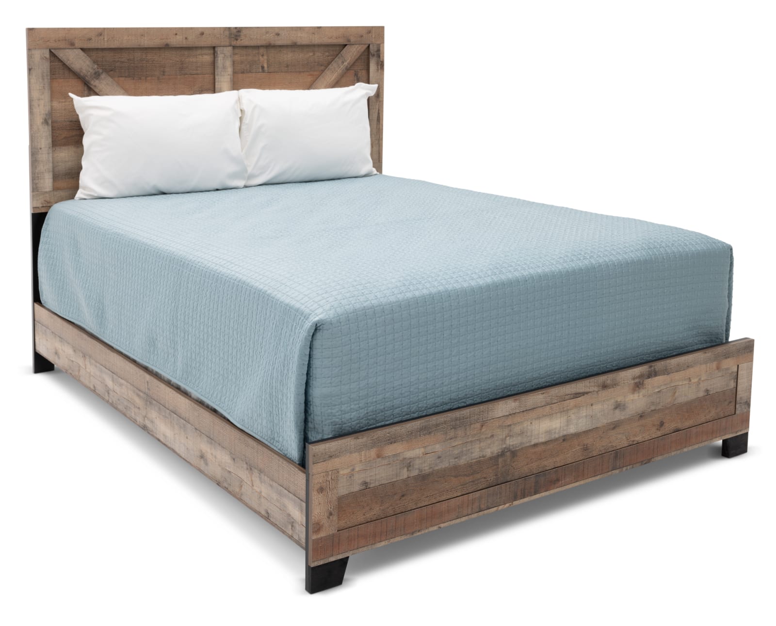 Wood framed bed with farmhouse planked headboard on white background