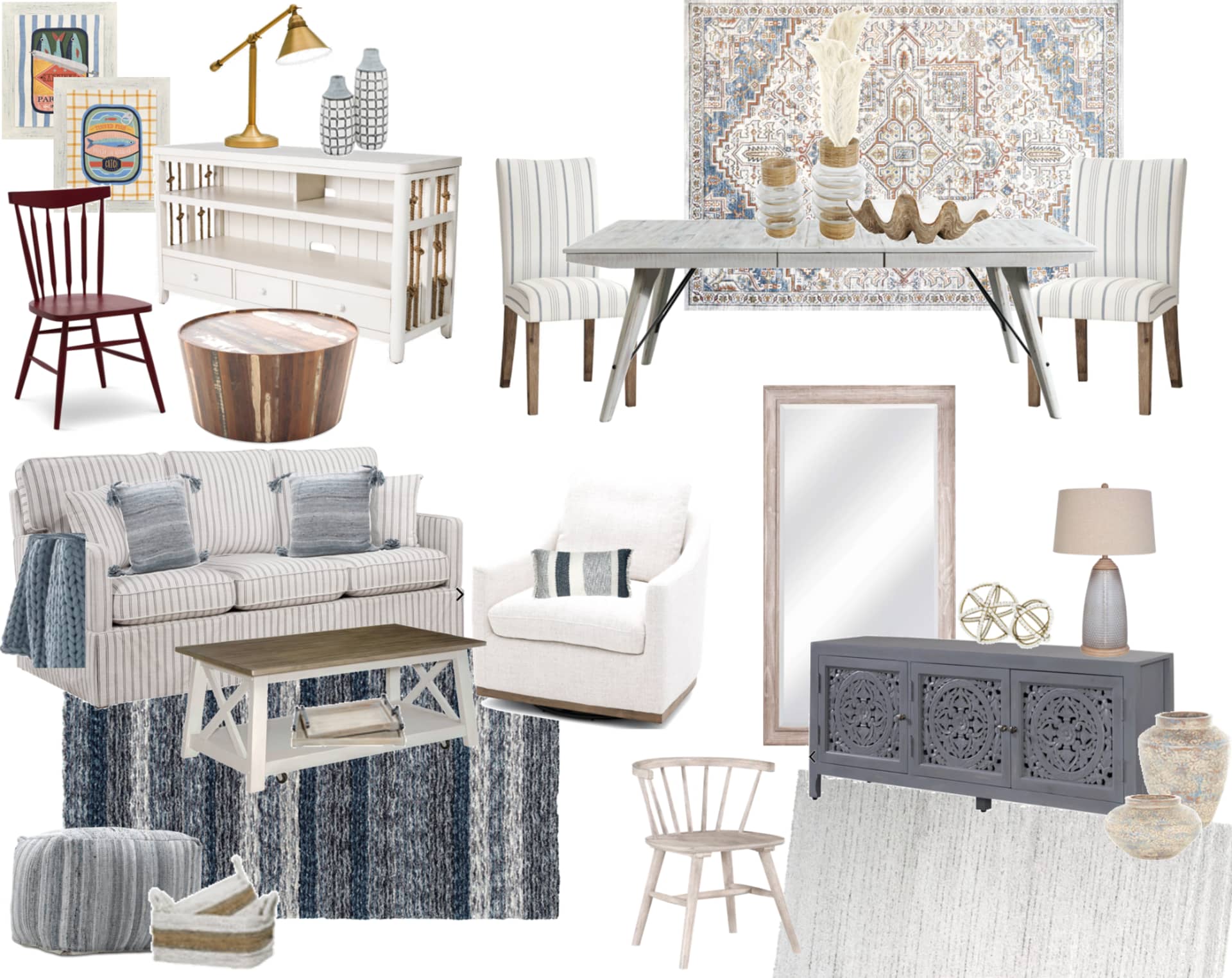 A collage of products with coastal and nautical style