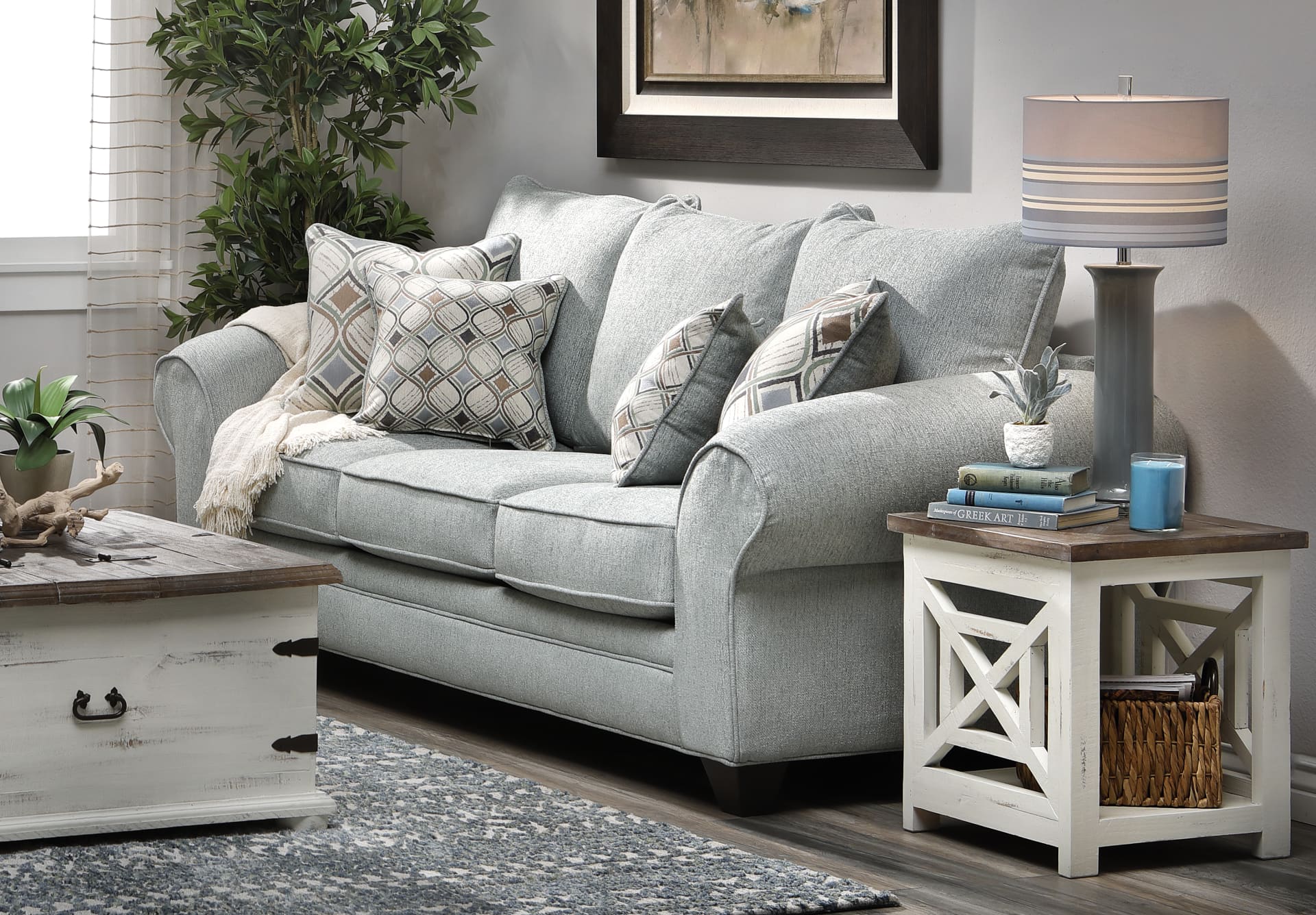 Light Neutral Teal Fabric Sofa in Living Room